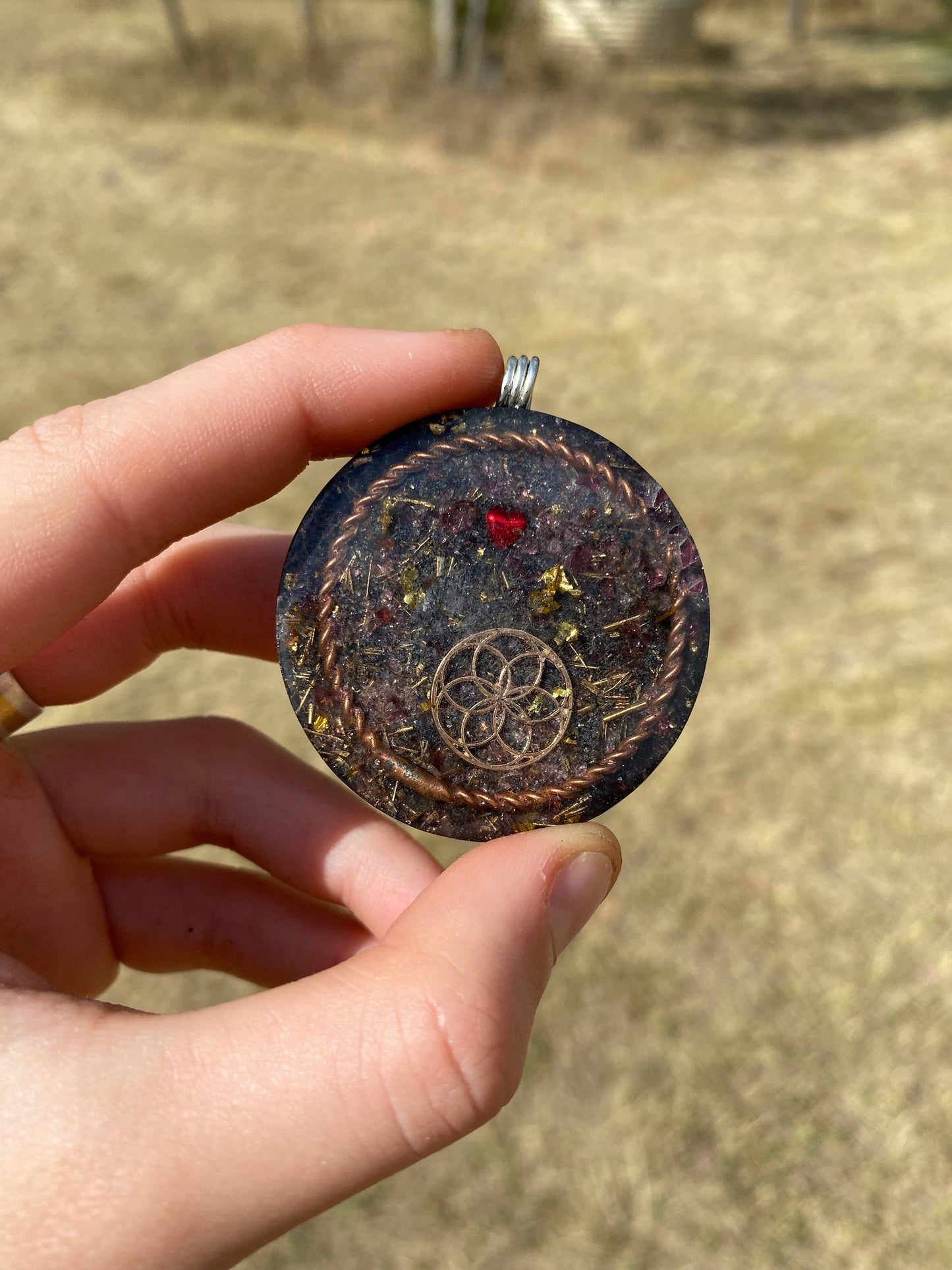 Lotus Orgonite Pendant: Shungite, Garnet, Gold, EMF Protection