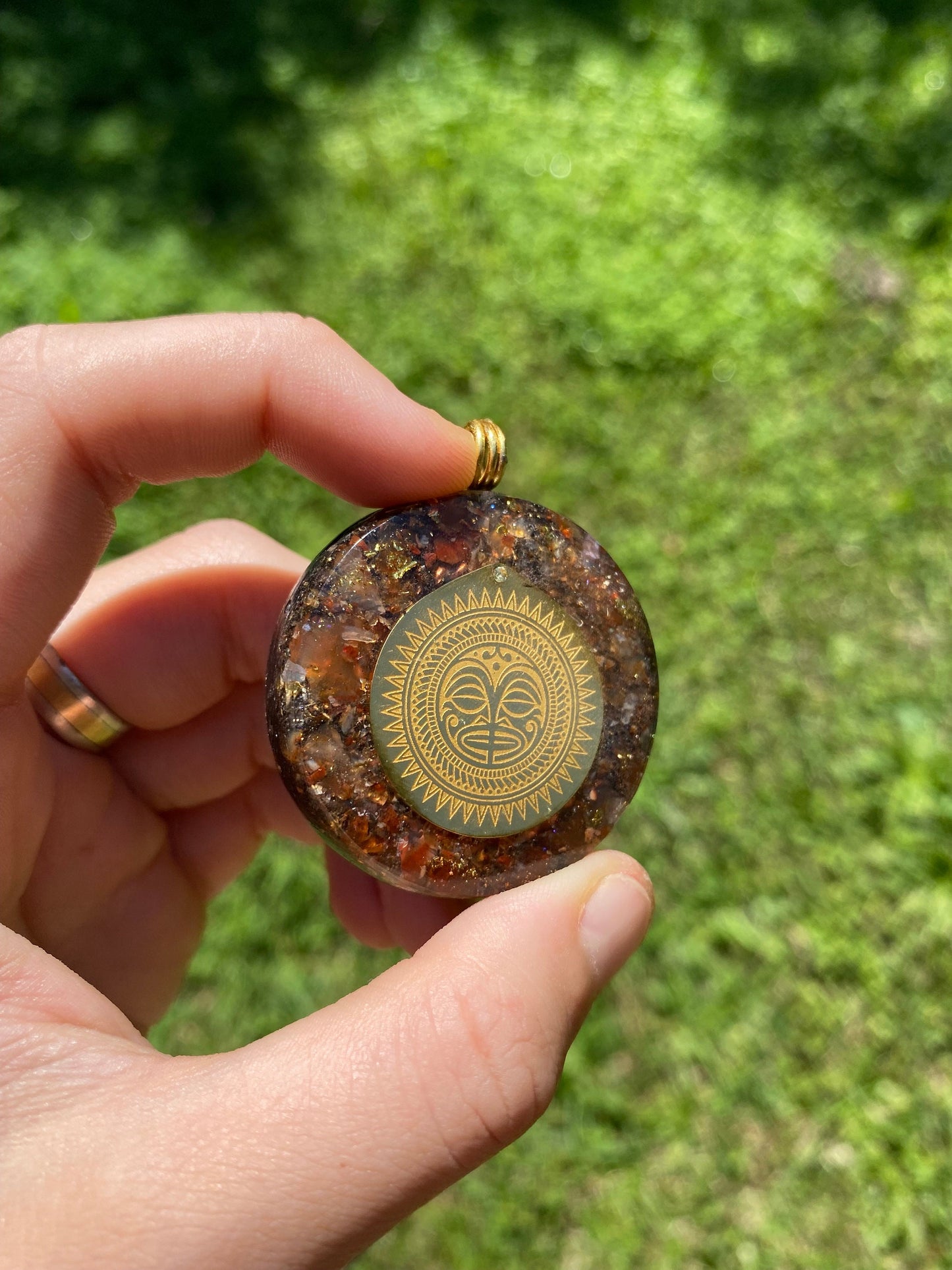 Mayan Symbol, Orgone Pendant Necklace. TENSOR RING. Elite Shungite, Carnelian, 24ct Gold. 4G and 5G Protection.