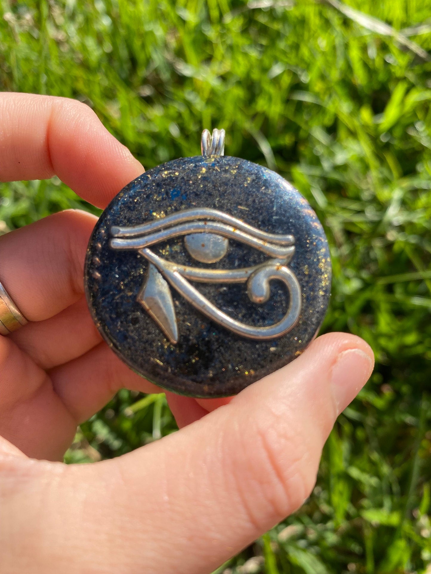 Eye Of Horus. Pendant Necklace. Made w Elite Shungite, Selenite and Mica . Powerful. EMF Protection. 5G Protection. TENSOR RING. 24ct Gold