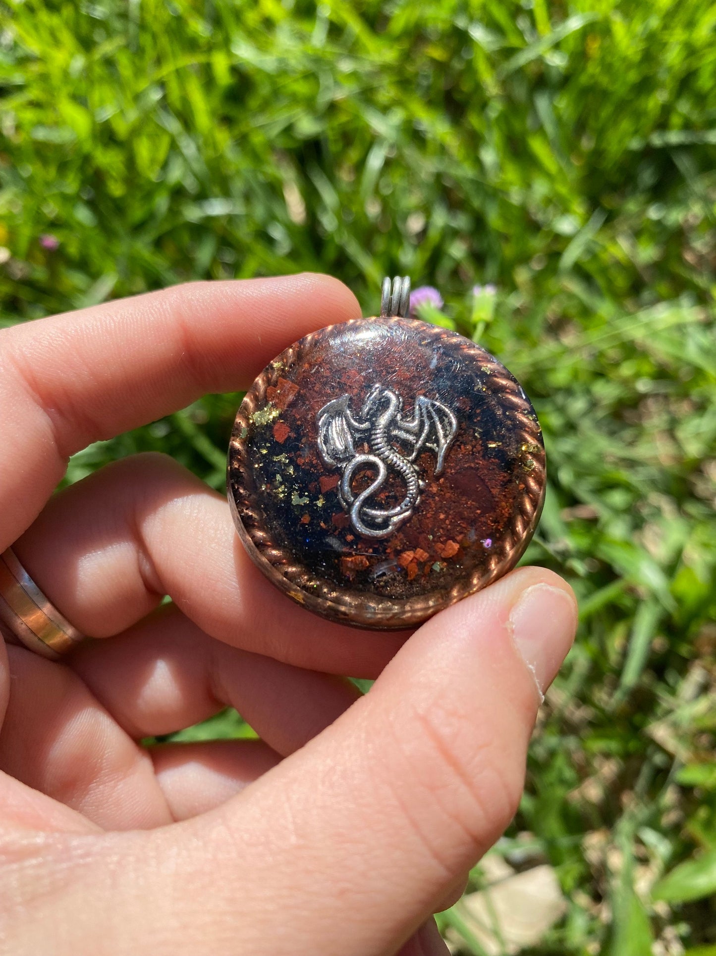 Dragon Orgone Pendant Necklace. Made w Elite Shungite, Red Tigers Eye, 24ct gold. Powerful. EMF Protection. 5G Protection. TENSOR RING