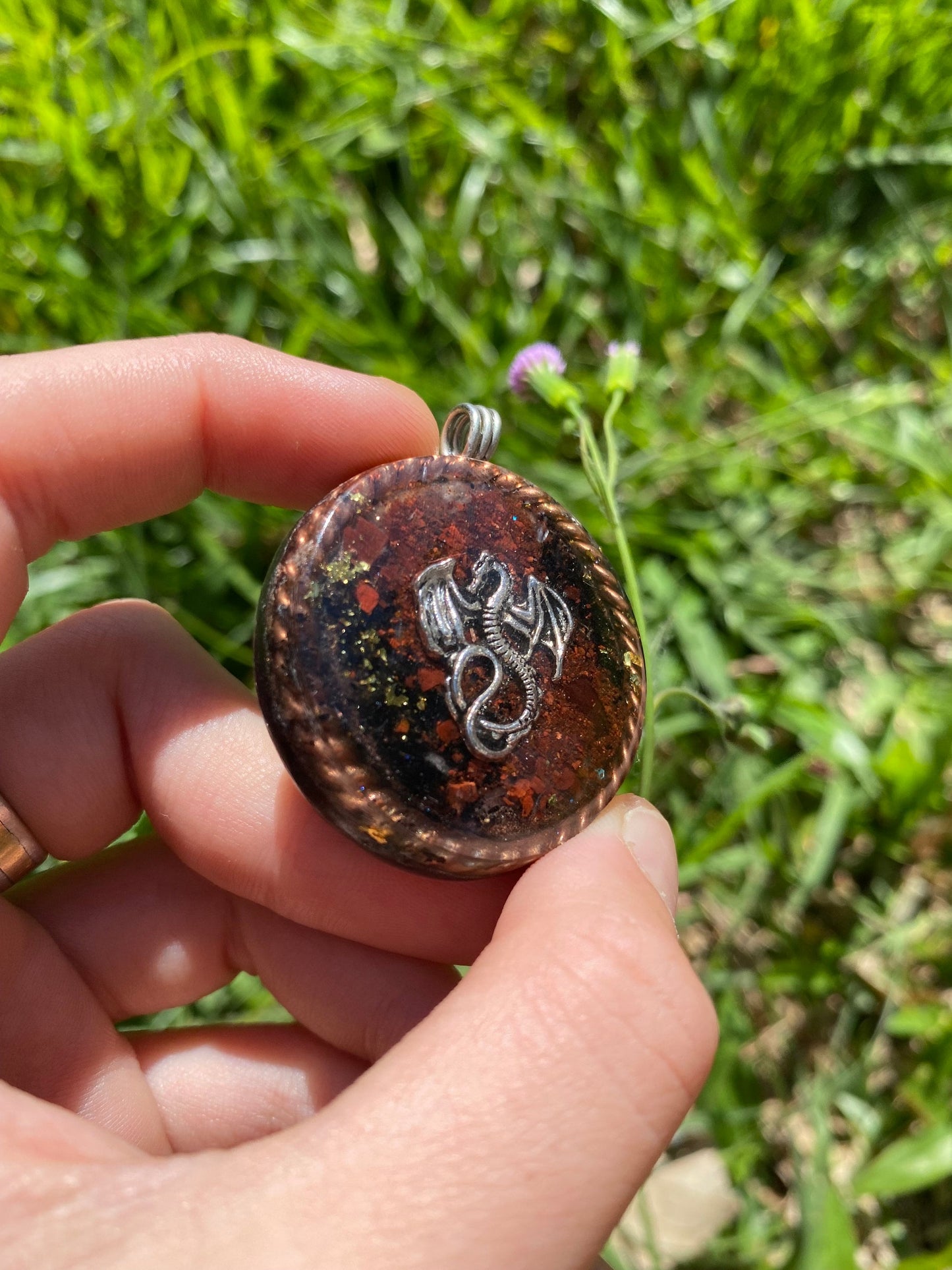Dragon Orgone Pendant Necklace. Made w Elite Shungite, Red Tigers Eye, 24ct gold. Powerful. EMF Protection. 5G Protection. TENSOR RING