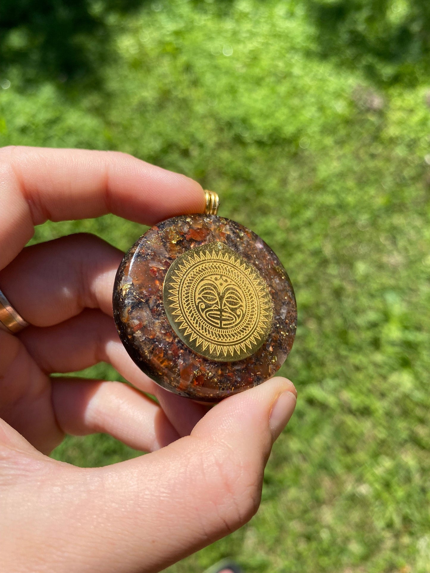 Mayan Symbol, Orgone Pendant Necklace. TENSOR RING. Elite Shungite, Carnelian, 24ct Gold. 4G and 5G Protection.