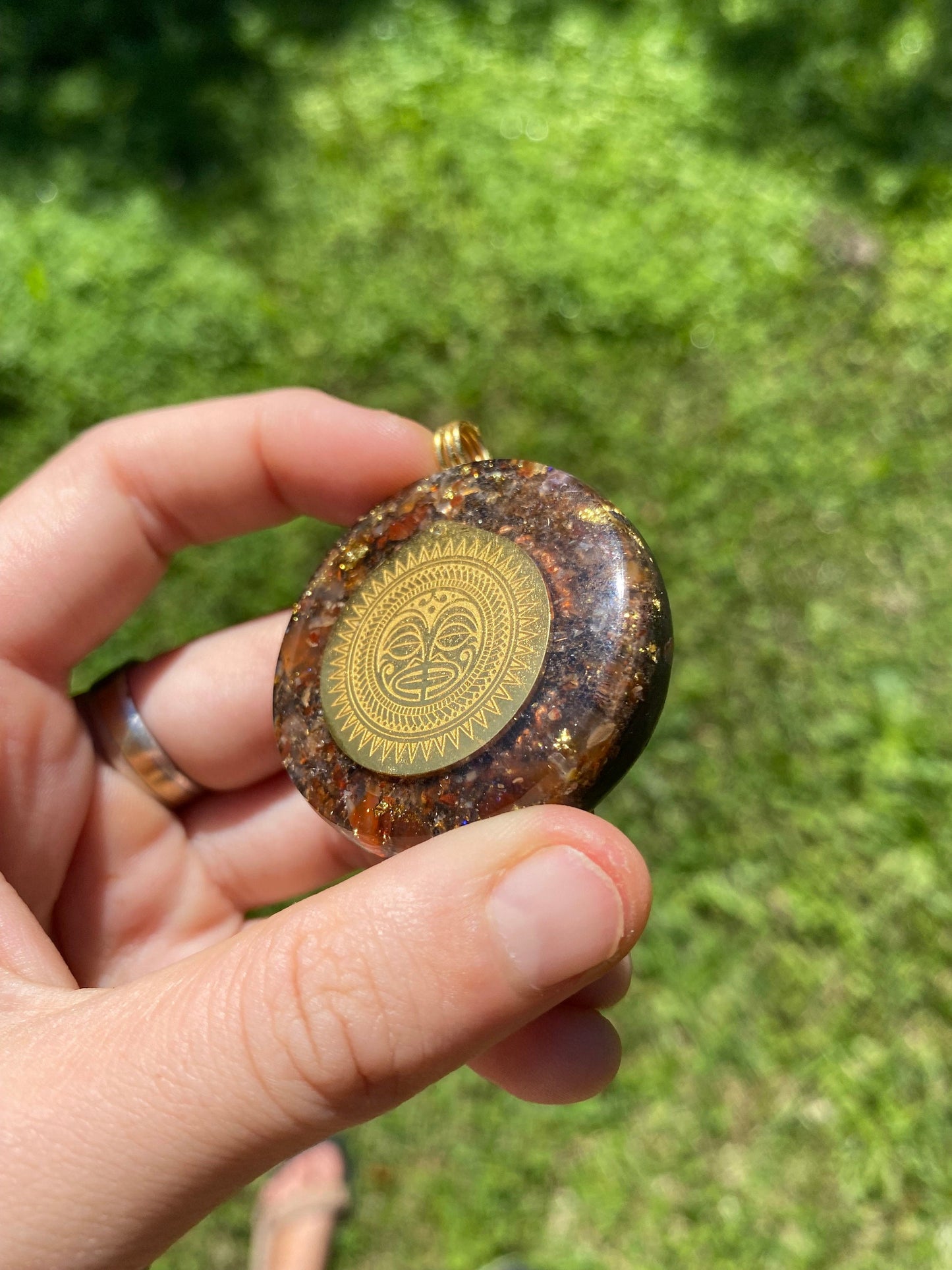 Mayan Symbol, Orgone Pendant Necklace. TENSOR RING. Elite Shungite, Carnelian, 24ct Gold. 4G and 5G Protection.