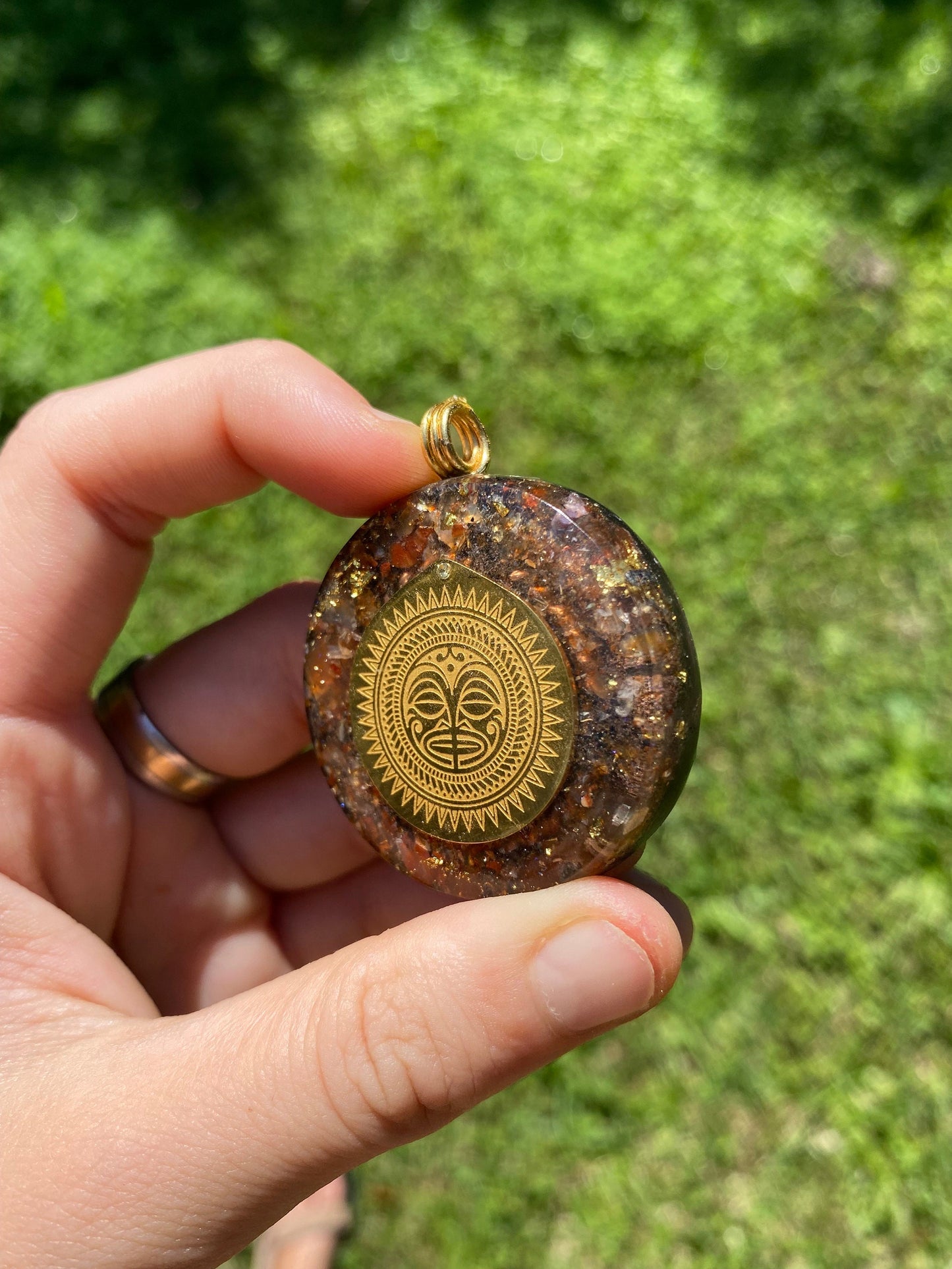 Mayan Symbol, Orgone Pendant Necklace. TENSOR RING. Elite Shungite, Carnelian, 24ct Gold. 4G and 5G Protection.