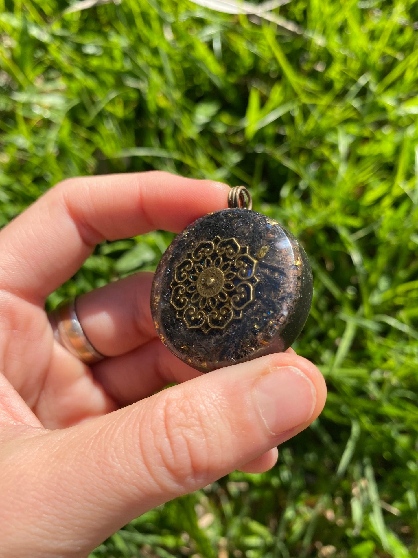 Boho Mandala Pendant Necklace. Made w Elite Shungite, 24ct Gold and Black Kyanite. Powerful. EMF Protection. 5G Protection. Tensor Ring.