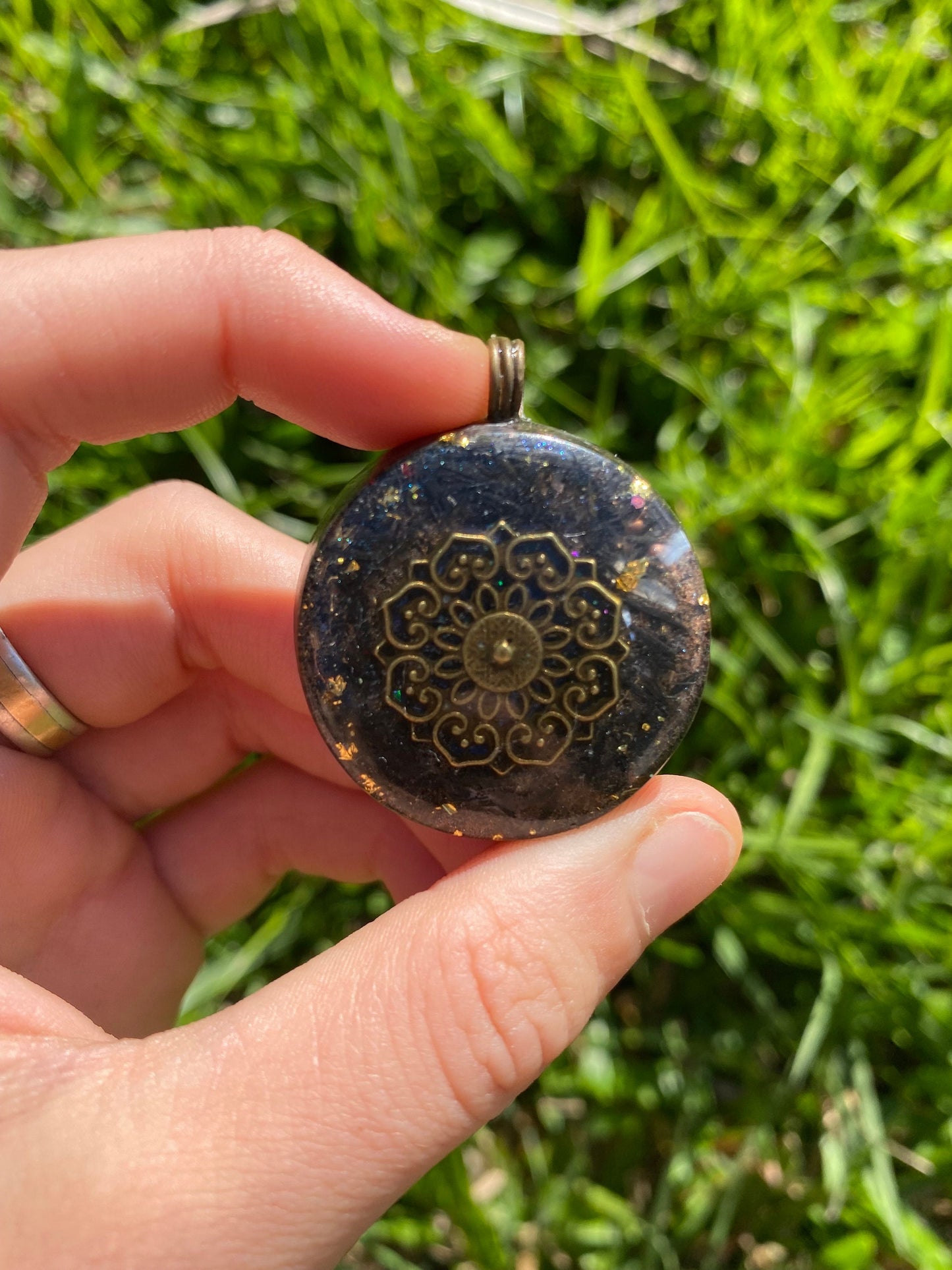 Boho Mandala Pendant Necklace. Made w Elite Shungite, 24ct Gold and Black Kyanite. Powerful. EMF Protection. 5G Protection. Tensor Ring.