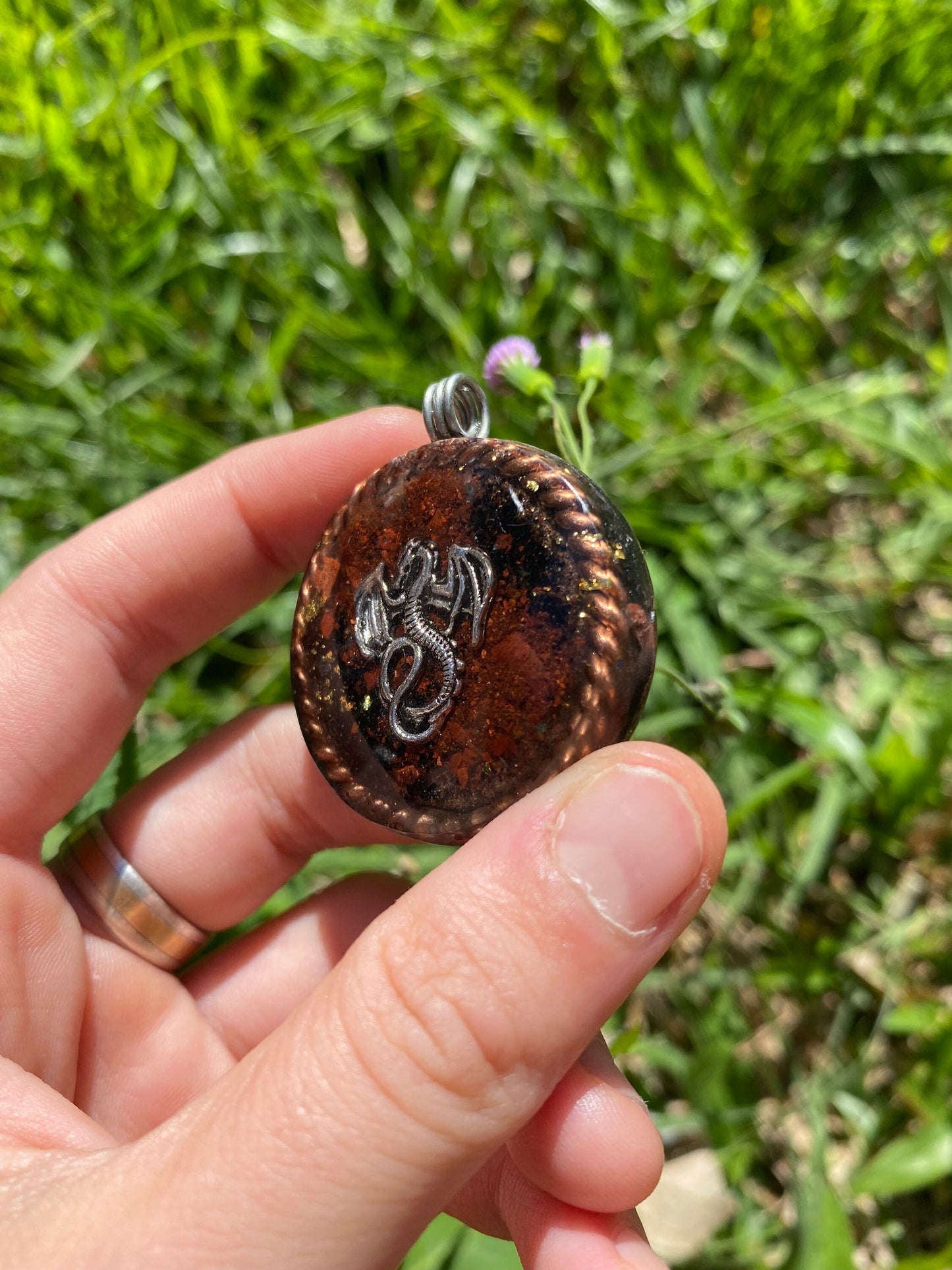 Dragon Orgone Pendant Necklace. Made w Elite Shungite, Red Tigers Eye, 24ct gold. Powerful. EMF Protection. 5G Protection. TENSOR RING