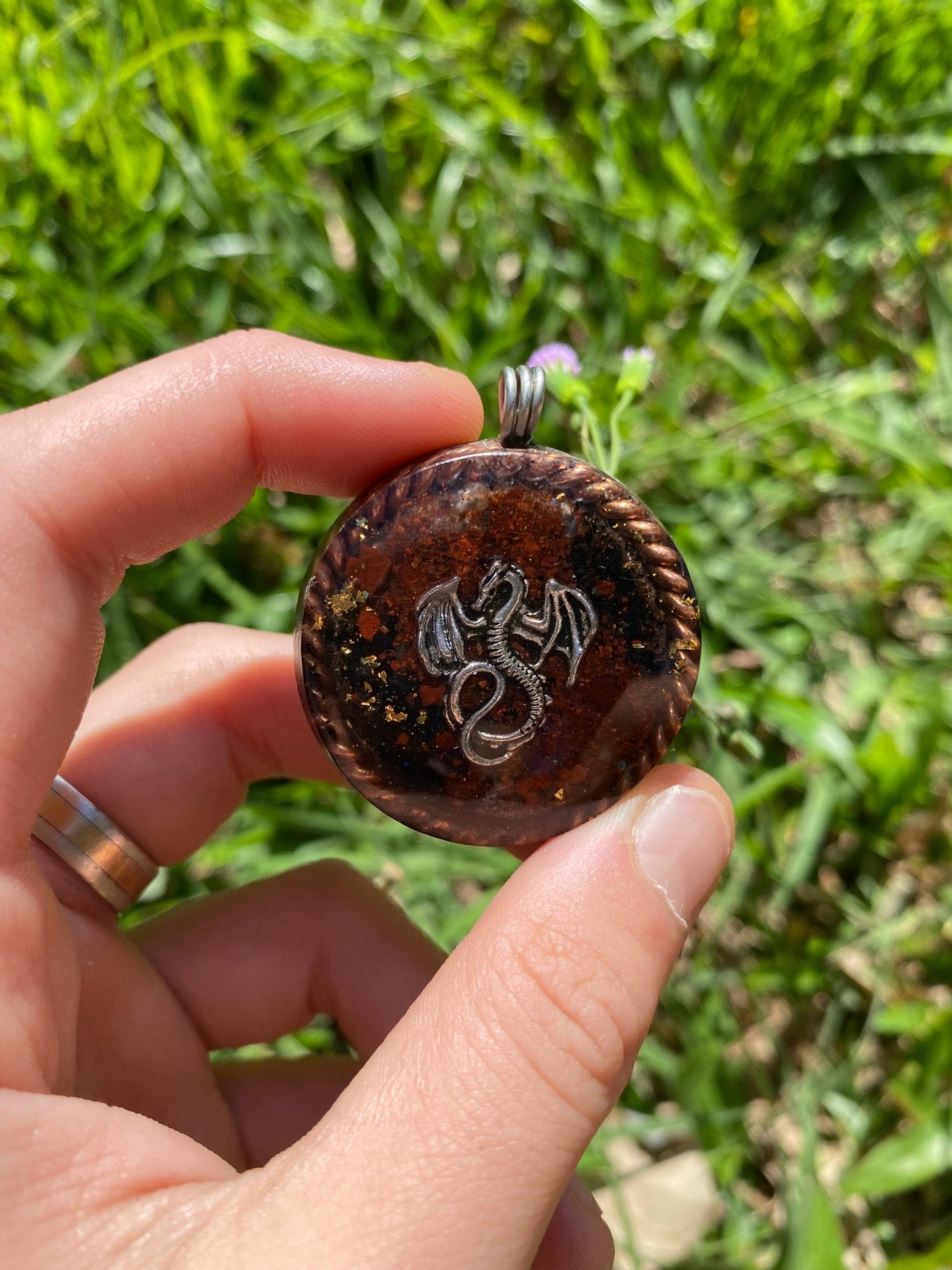 Dragon Orgone Pendant Necklace. Made w Elite Shungite, Red Tigers Eye, 24ct gold. Powerful. EMF Protection. 5G Protection. TENSOR RING