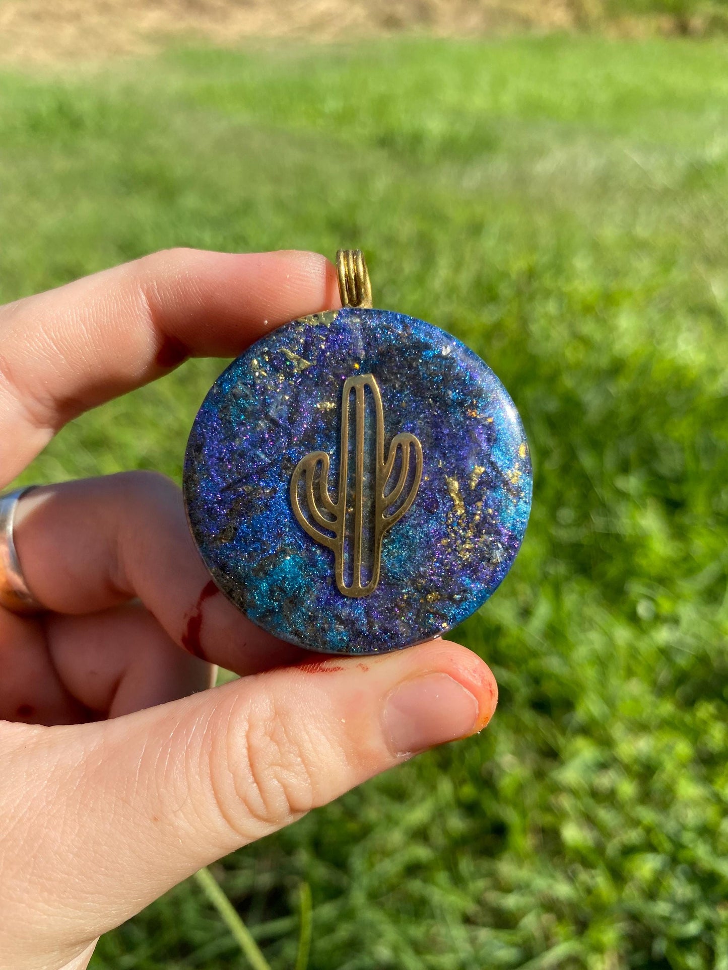 Cactus Pendant Necklace. Made w Elite Shungite, 24ct Gold and Black Kyanite. Powerful. EMF Protection. 5G Protection. Tensor Ring.