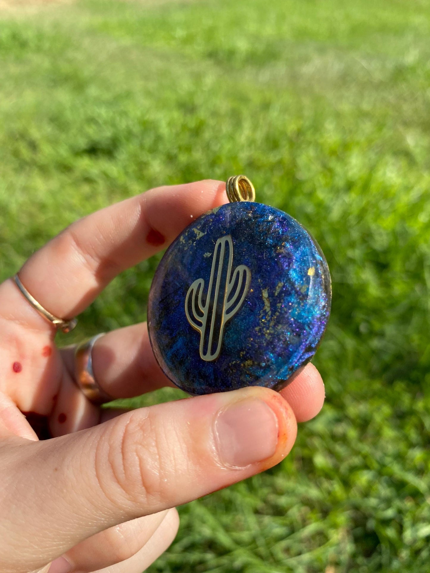 Cactus Pendant Necklace. Made w Elite Shungite, 24ct Gold and Black Kyanite. Powerful. EMF Protection. 5G Protection. Tensor Ring.