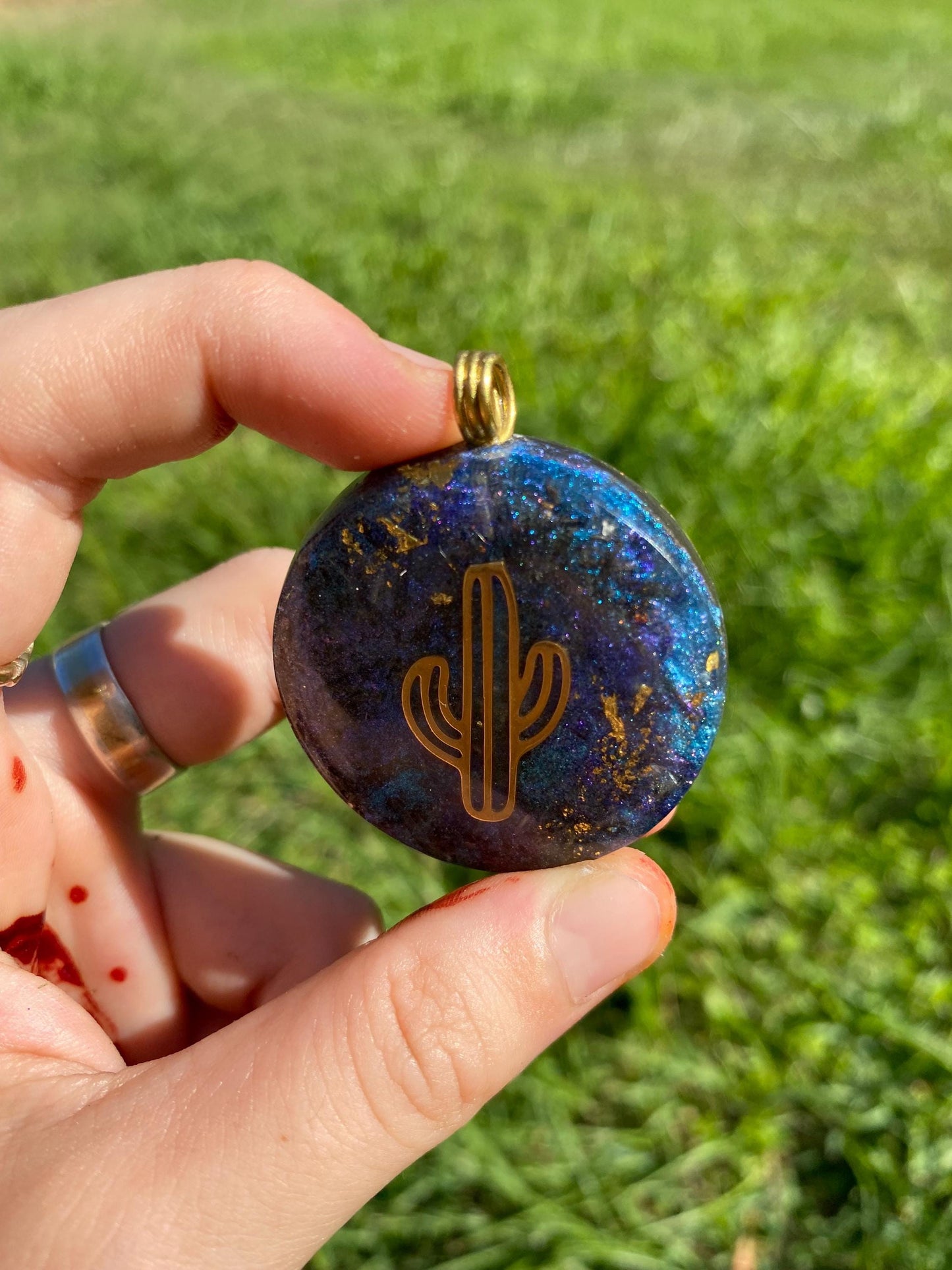 Cactus Pendant Necklace. Made w Elite Shungite, 24ct Gold and Black Kyanite. Powerful. EMF Protection. 5G Protection. Tensor Ring.