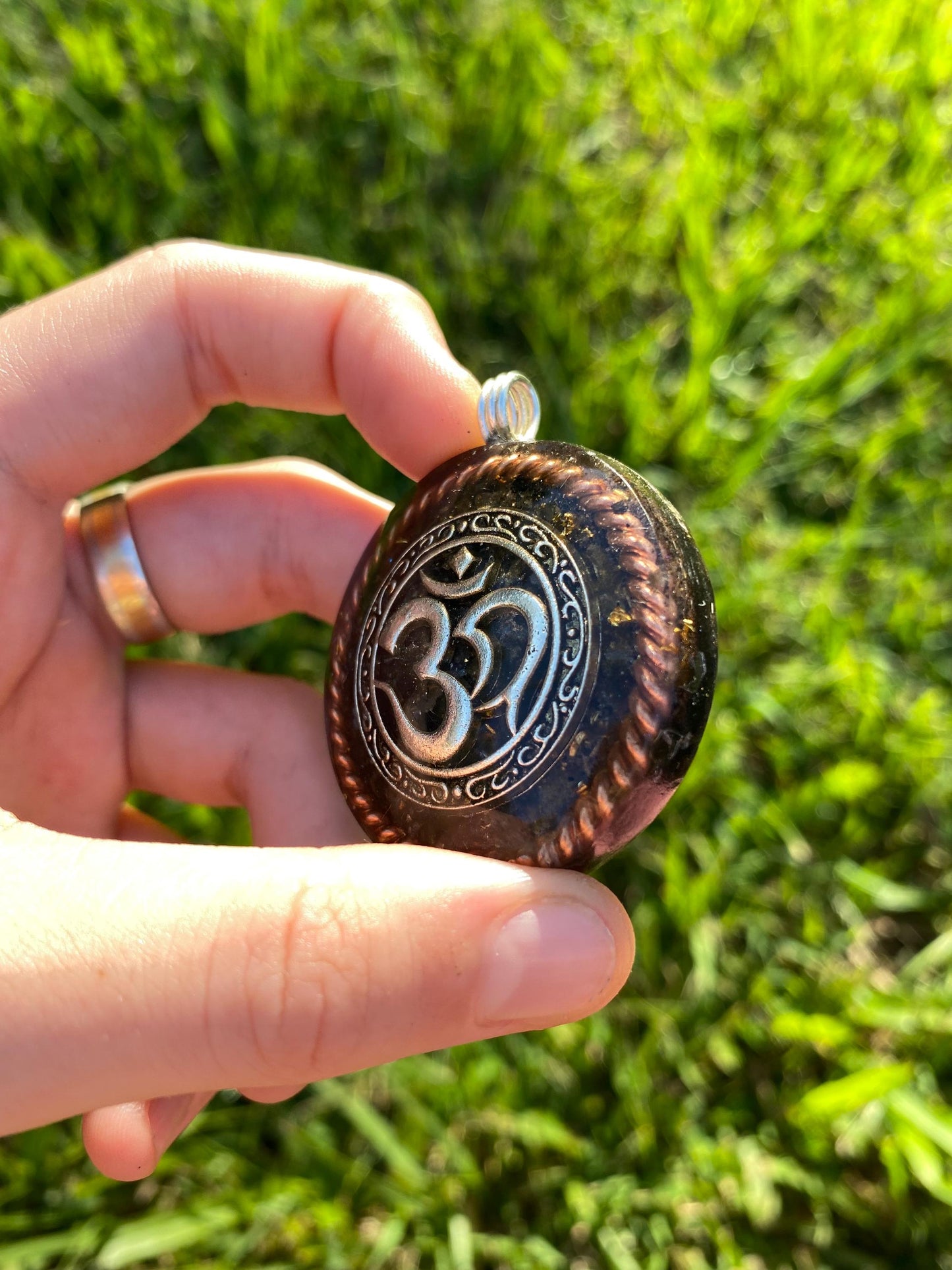 Om, Orgone Pendant Necklace. Made w Elite Shungite, Gold Sheen Obsidian, 24ct Gold and Tensor Ring. Powerful. EMF Protection. Ohm