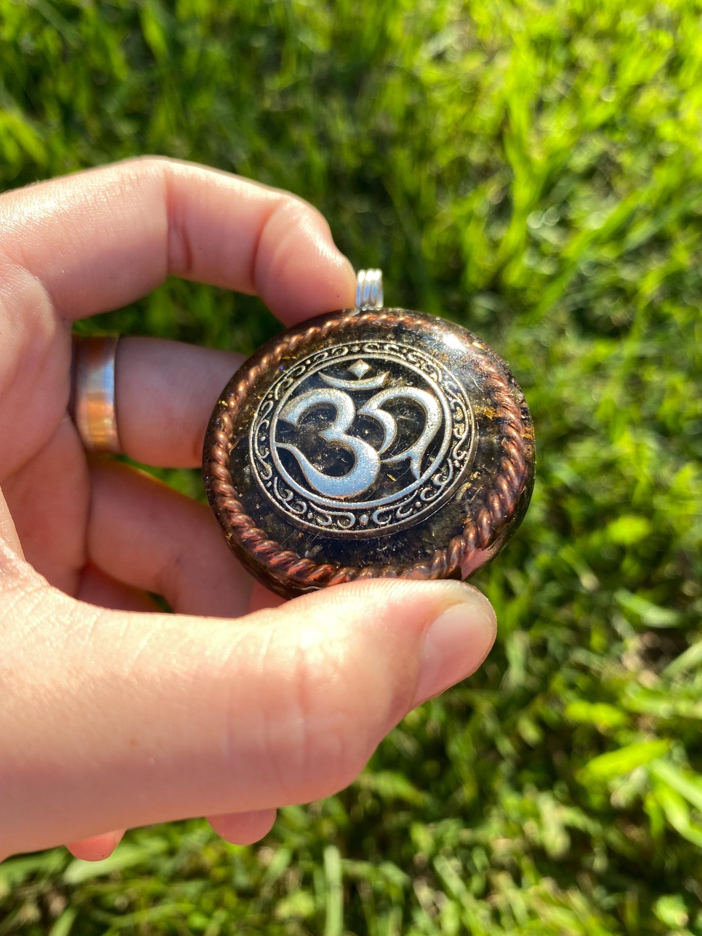 Om, Orgone Pendant Necklace. Made w Elite Shungite, Gold Sheen Obsidian, 24ct Gold and Tensor Ring. Powerful. EMF Protection. Ohm