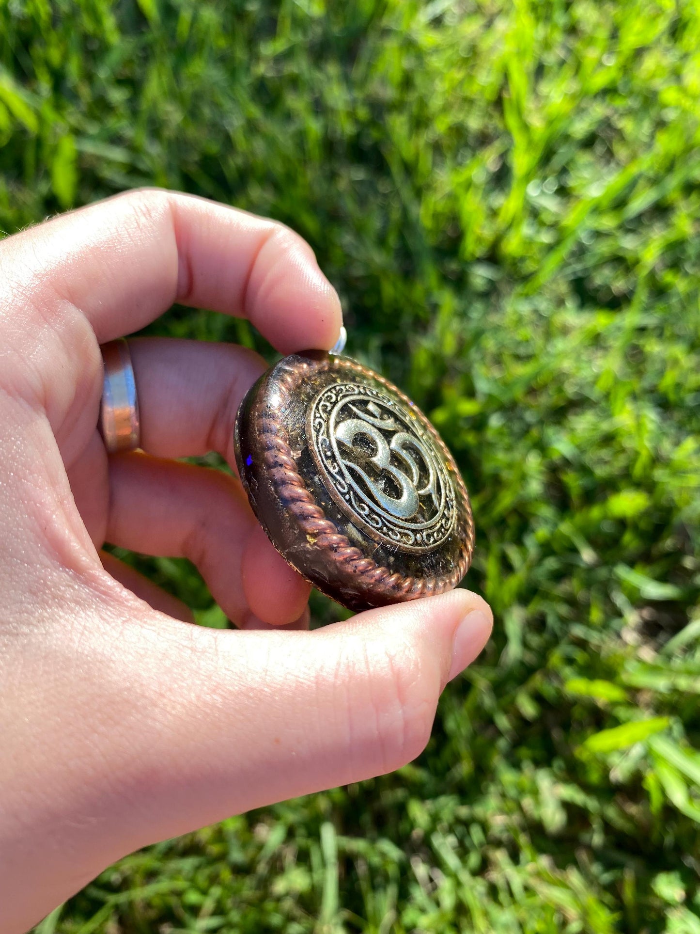 Om, Orgone Pendant Necklace. Made w Elite Shungite, Gold Sheen Obsidian, 24ct Gold and Tensor Ring. Powerful. EMF Protection. Ohm