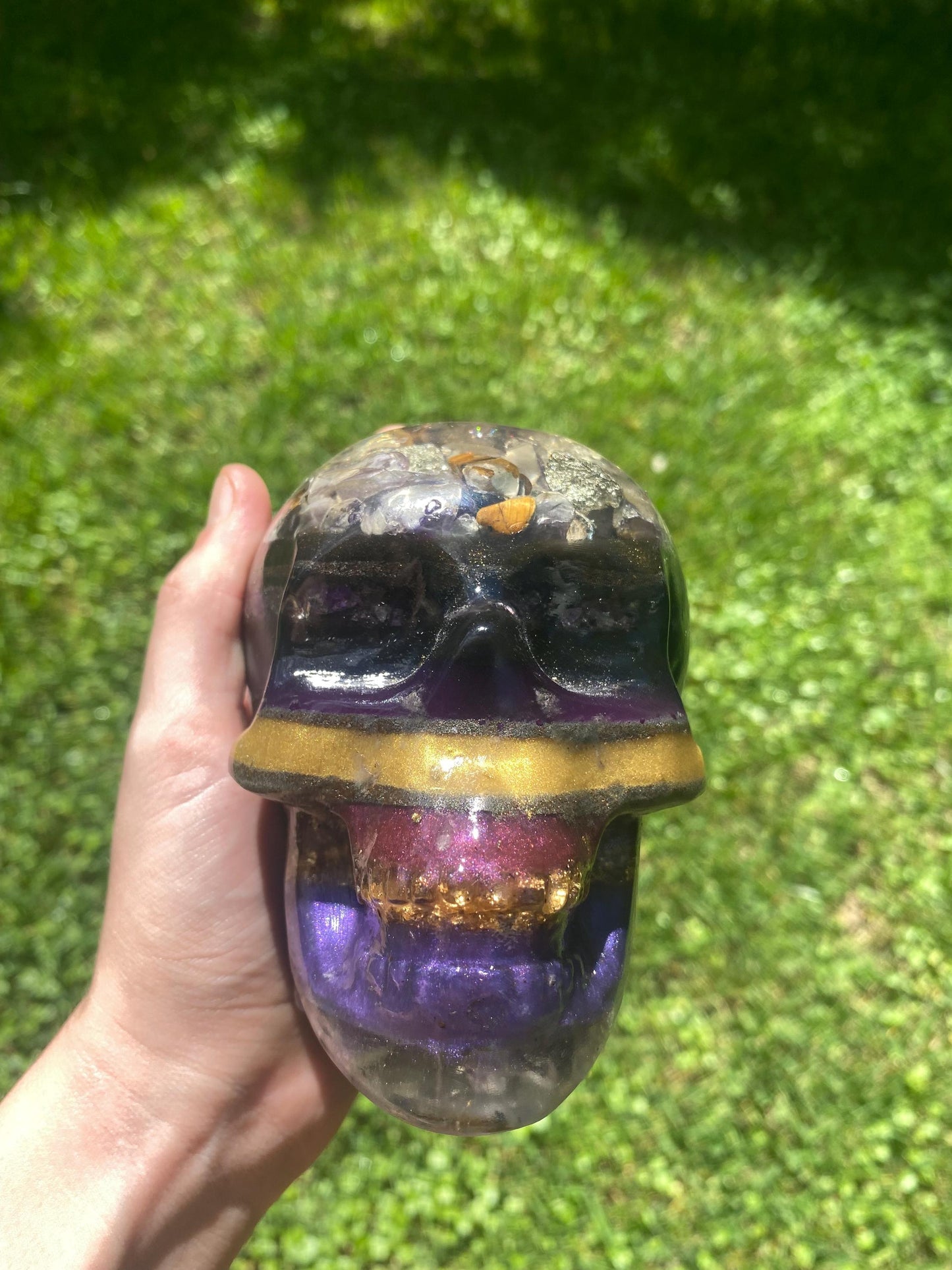 Magical Skull Orgone Pyramid! Home Protection, 5G Protection, EMF Protection. Elite Shungite. Made With Amethyst, Pyrite and Chalcopyrite