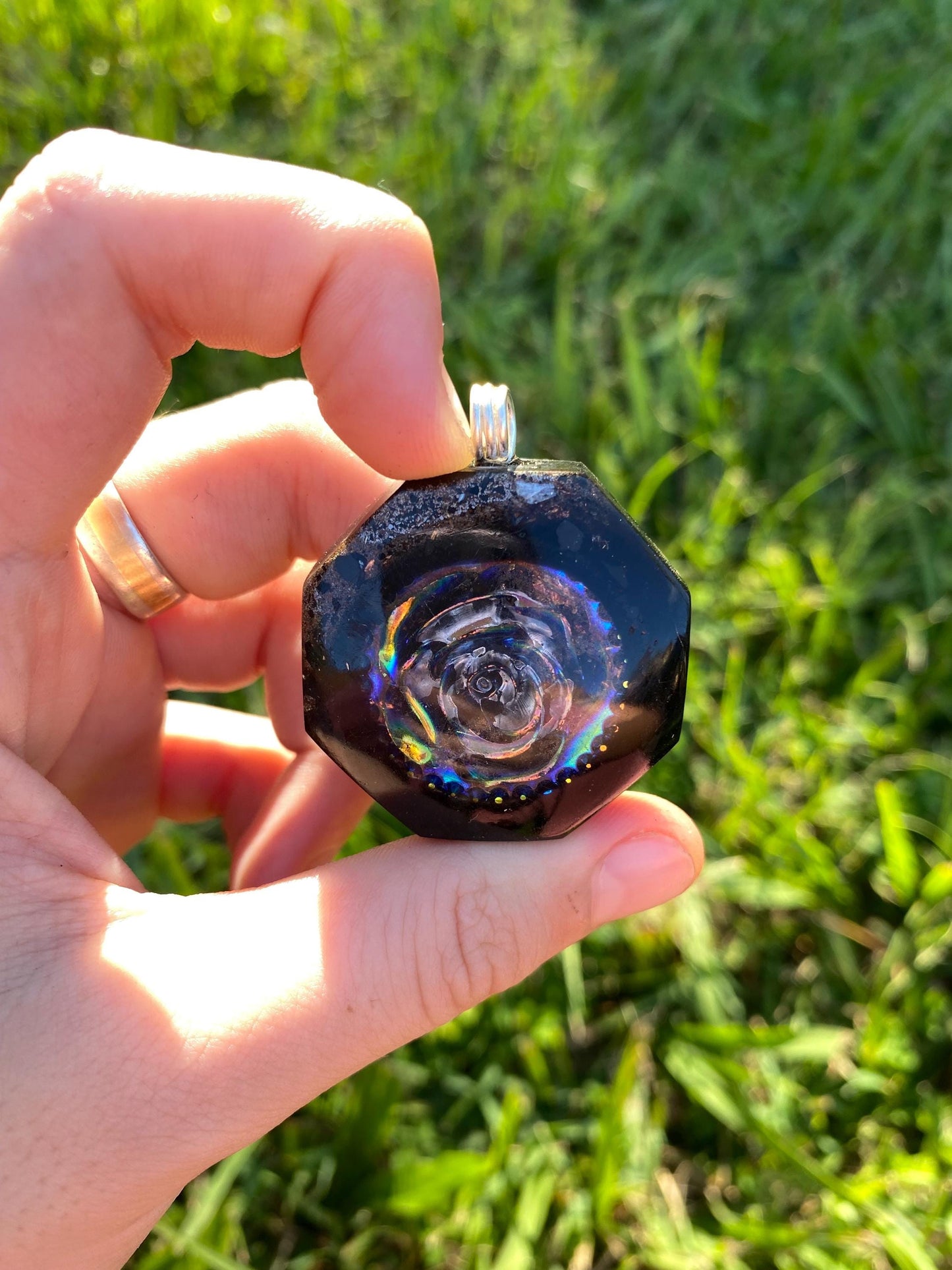 Holographic Rose orgone Pendant Necklace. Made w Elite Shungite, Selenite and Mica. Powerful. EMF 5G Protection. TENSOR RING