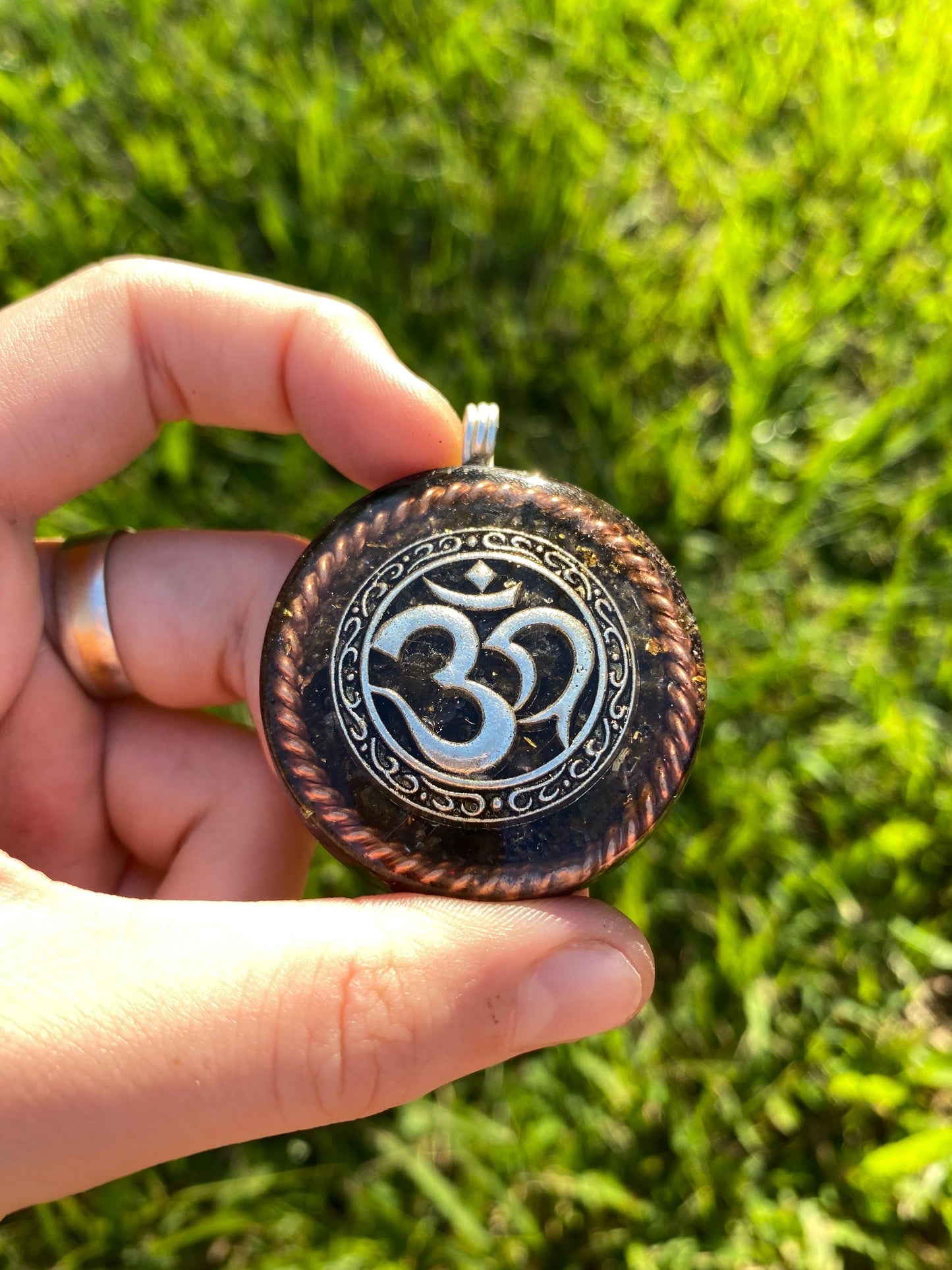 Om, Orgone Pendant Necklace. Made w Elite Shungite, Gold Sheen Obsidian, 24ct Gold and Tensor Ring. Powerful. EMF Protection. Ohm