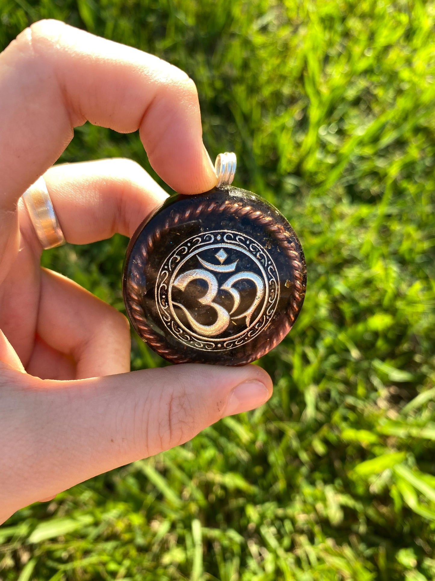 Om, Orgone Pendant Necklace. Made w Elite Shungite, Gold Sheen Obsidian, 24ct Gold and Tensor Ring. Powerful. EMF Protection. Ohm
