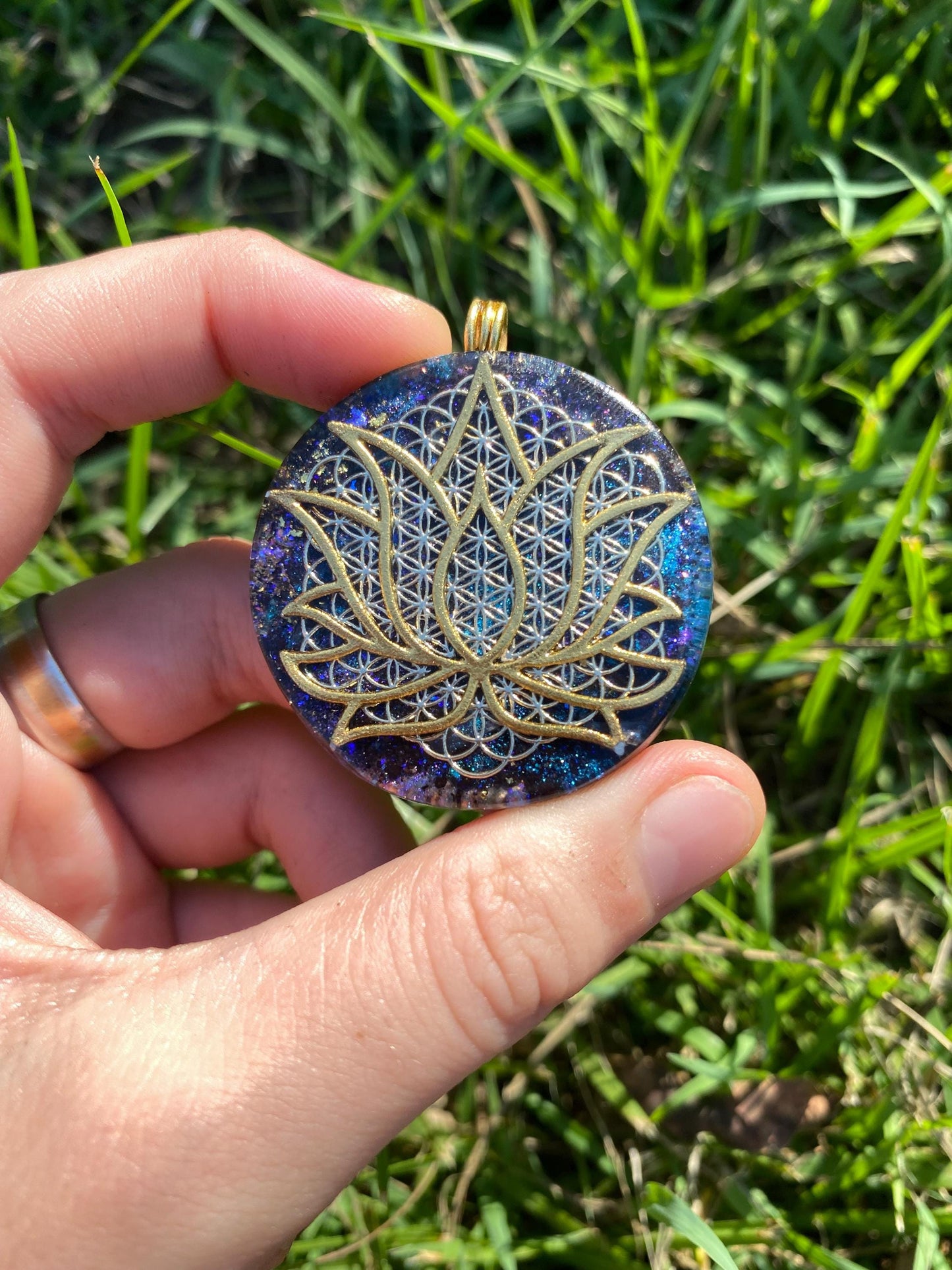 Lotus layered over Flower of Life. Orgone Pendant Necklace. Made w Elite Shungite, Purpurite & Tensor Ring. Powerful. 5G Protection.