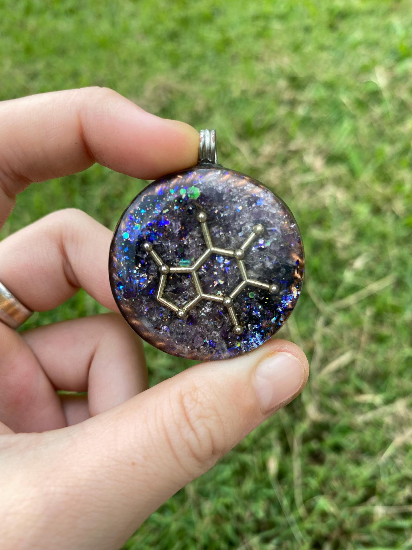Caffeine Molecule. Pendant Necklace. Made w Elite Shungite and Amethyst. Tensor Ring. Powerful. EMF Protection. 5G Protection.
