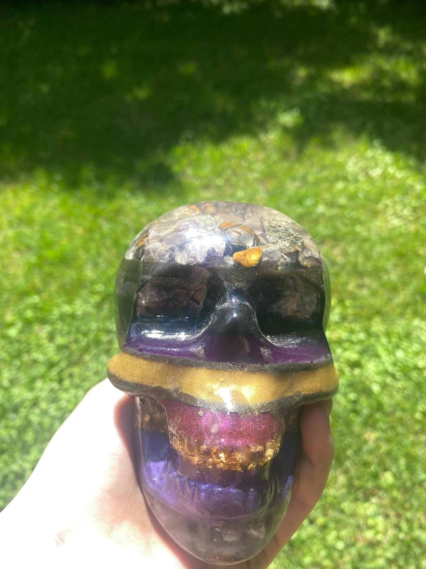 Magical Skull Orgone Pyramid! Home Protection, 5G Protection, EMF Protection. Elite Shungite. Made With Amethyst, Pyrite and Chalcopyrite