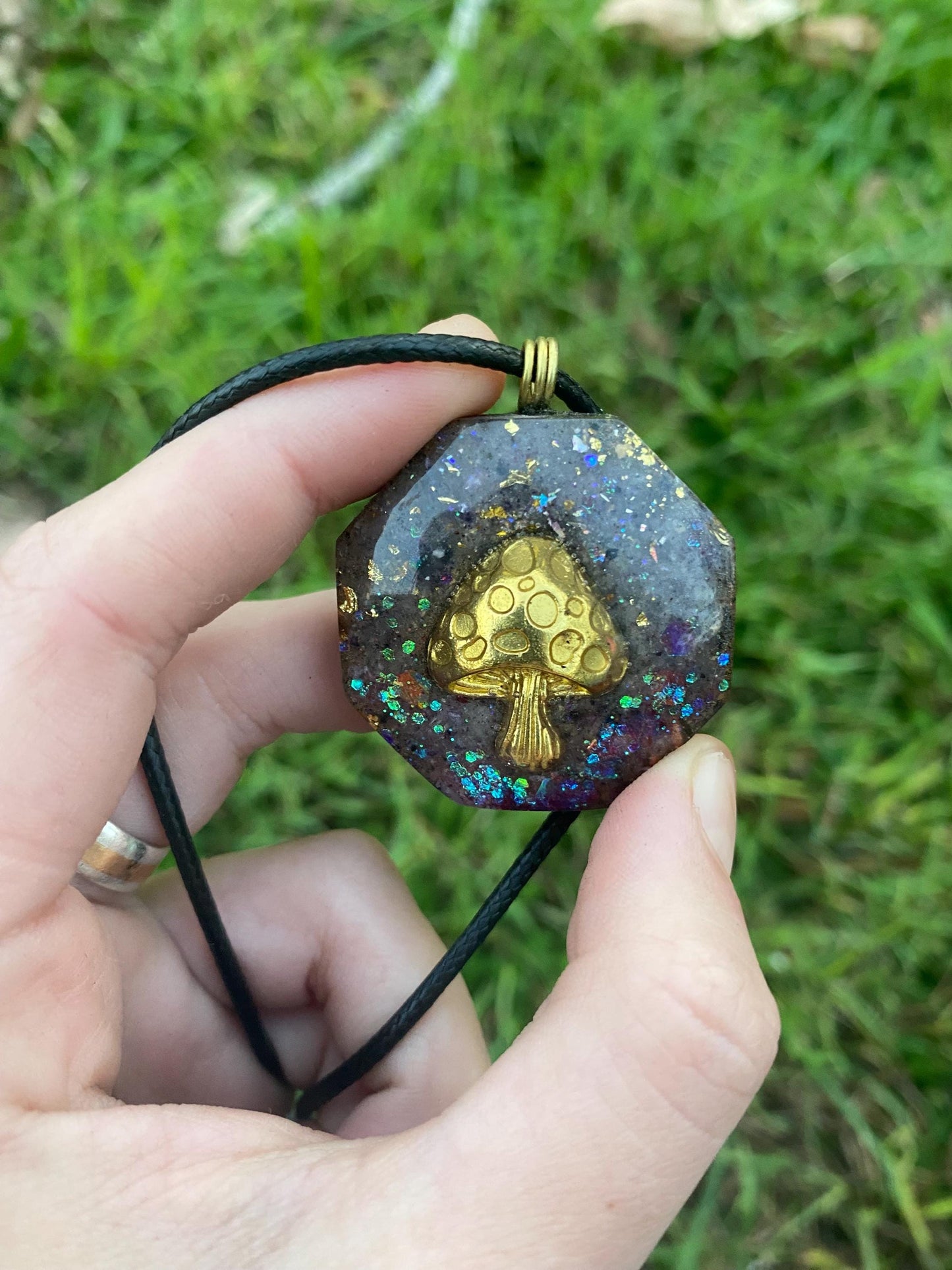 Mushroom. Pendant Necklace. Made w Elite Shungite and Amethyst. Tensor Ring. 24ct Gold. Powerful. EMF Protection. 5G Protection.