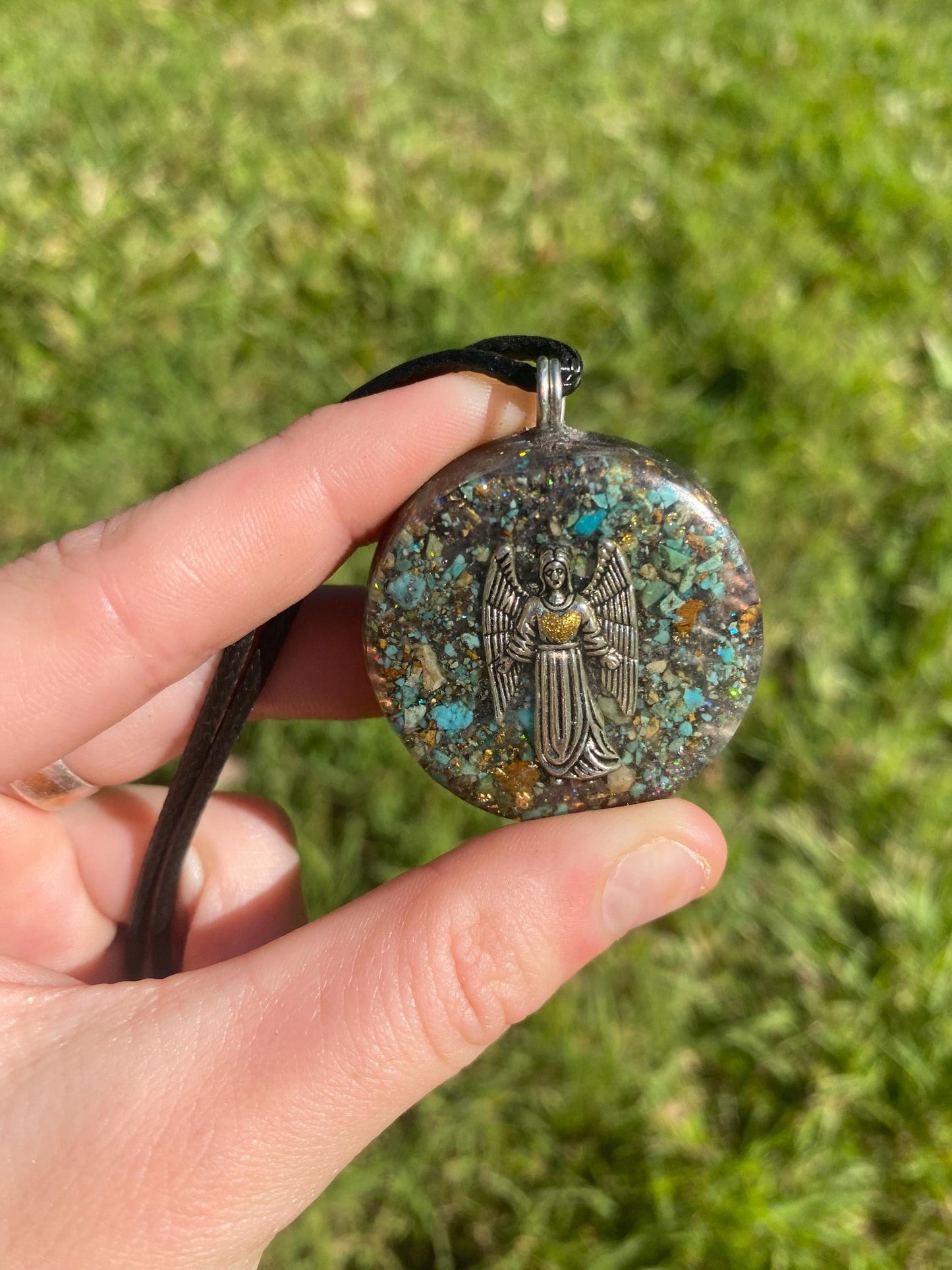 Arch Angel. Pendant Necklace. Made w Elite Shungite, 24ct Gold and Turquoise. Tensor Ring. Powerful. EMF Protection. 5G Protection.