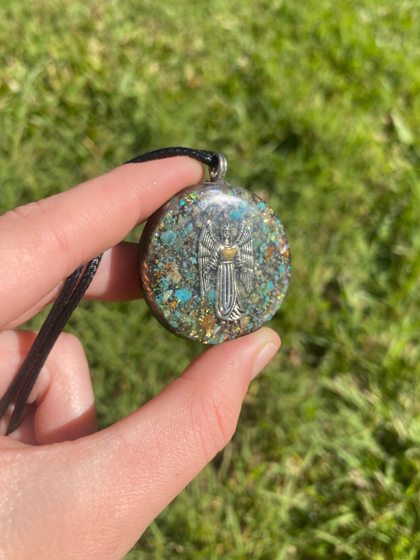 Arch Angel. Pendant Necklace. Made w Elite Shungite, 24ct Gold and Turquoise. Tensor Ring. Powerful. EMF Protection. 5G Protection.