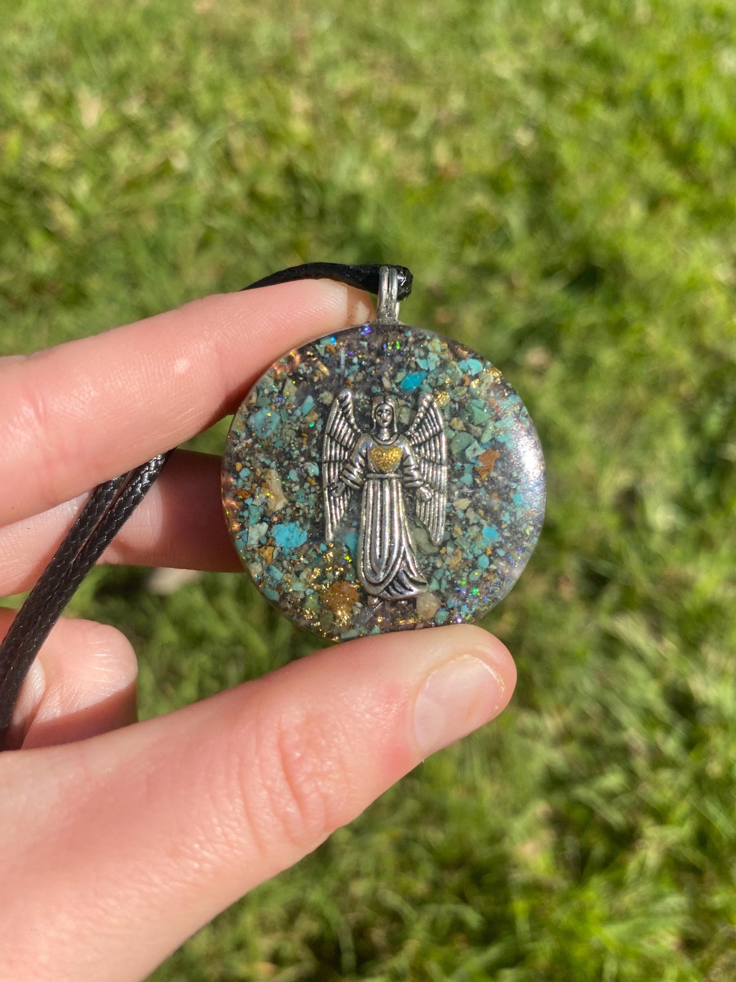 Arch Angel. Pendant Necklace. Made w Elite Shungite, 24ct Gold and Turquoise. Tensor Ring. Powerful. EMF Protection. 5G Protection.