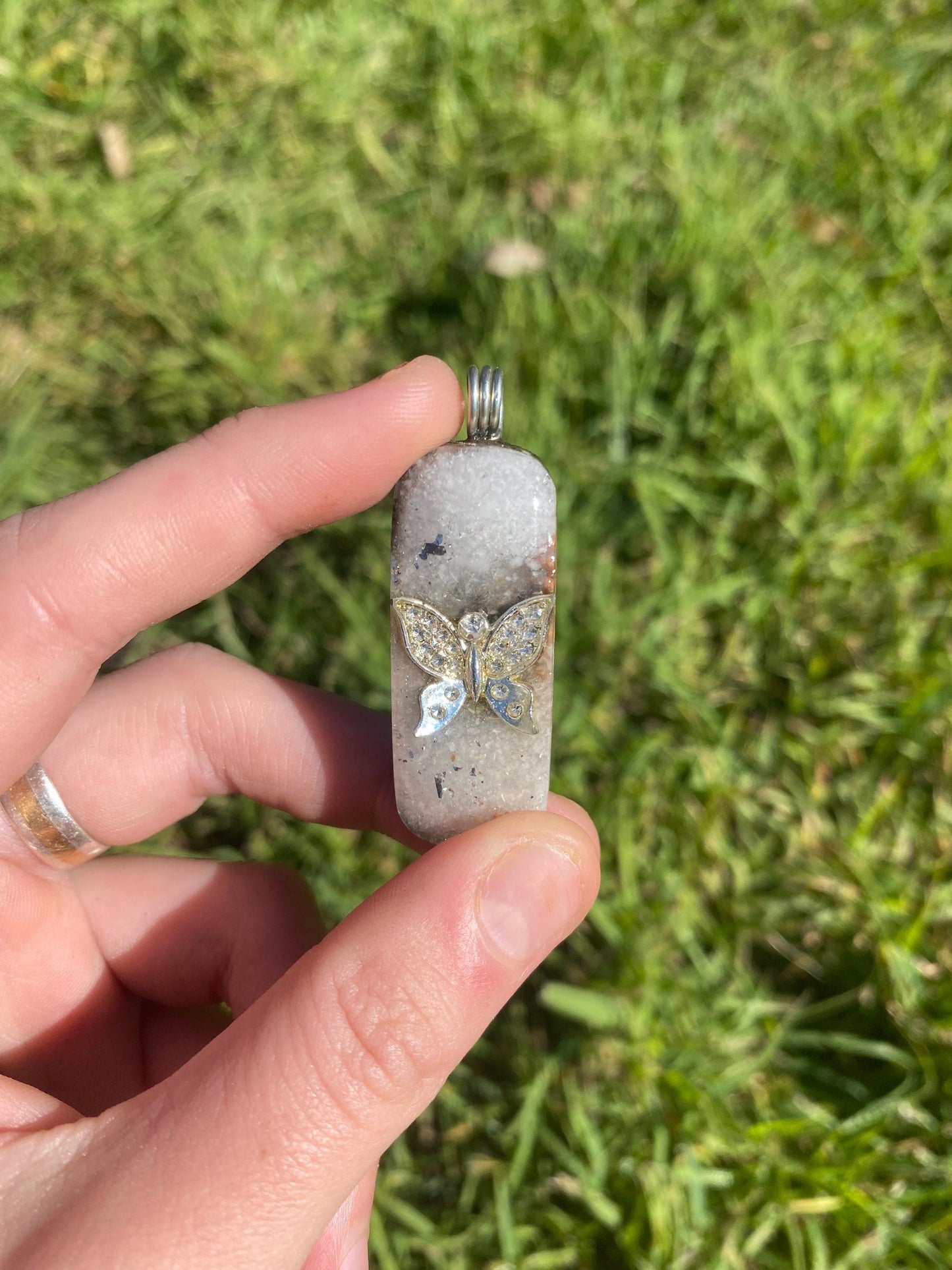 White Butterfly. Orgone Pendant Necklace. Made w white Moonstone, Elite Shungite, 24ct Gold & Tensor Ring. Powerful. 5G Protection.