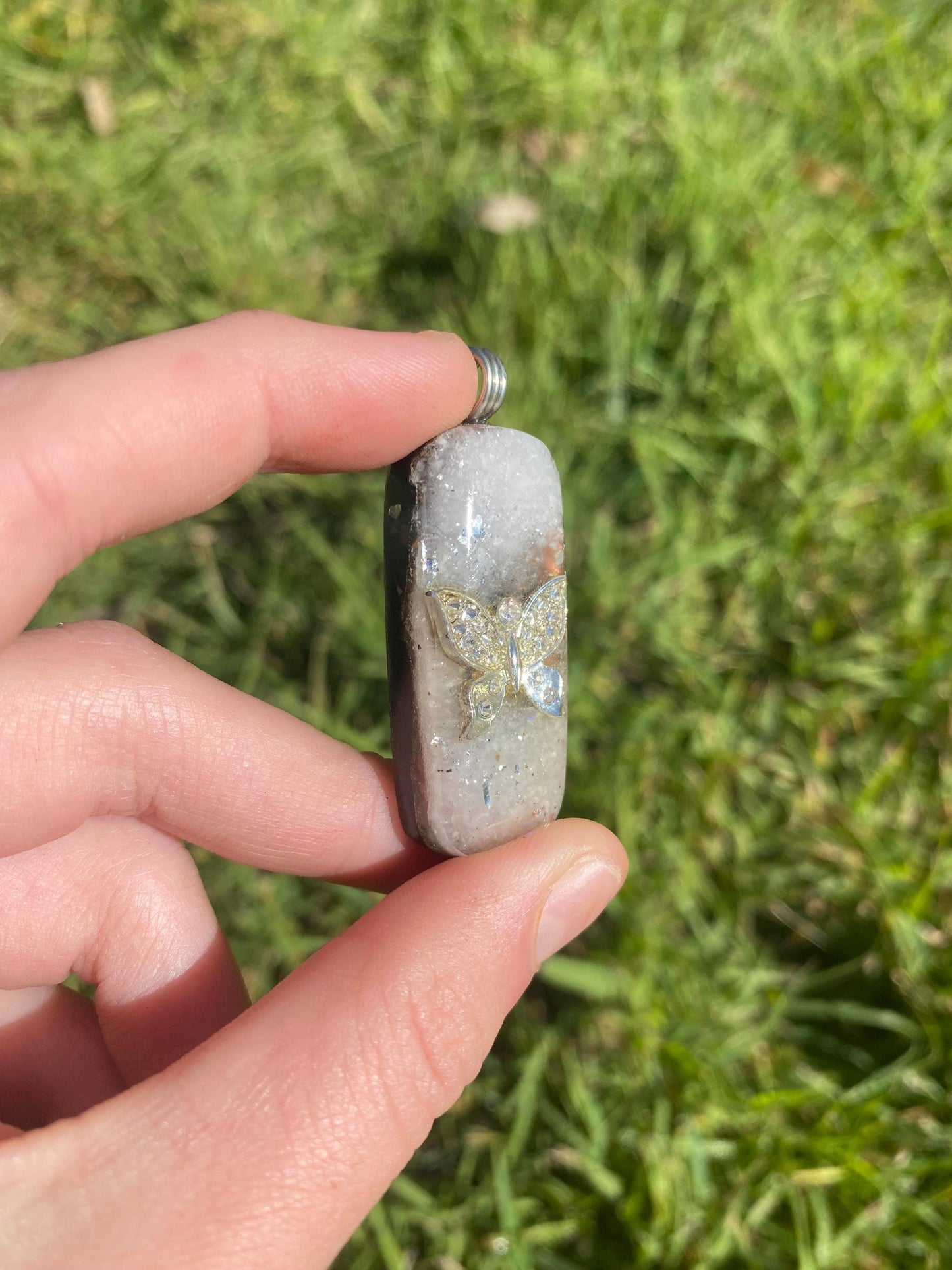 White Butterfly. Orgone Pendant Necklace. Made w white Moonstone, Elite Shungite, 24ct Gold & Tensor Ring. Powerful. 5G Protection.