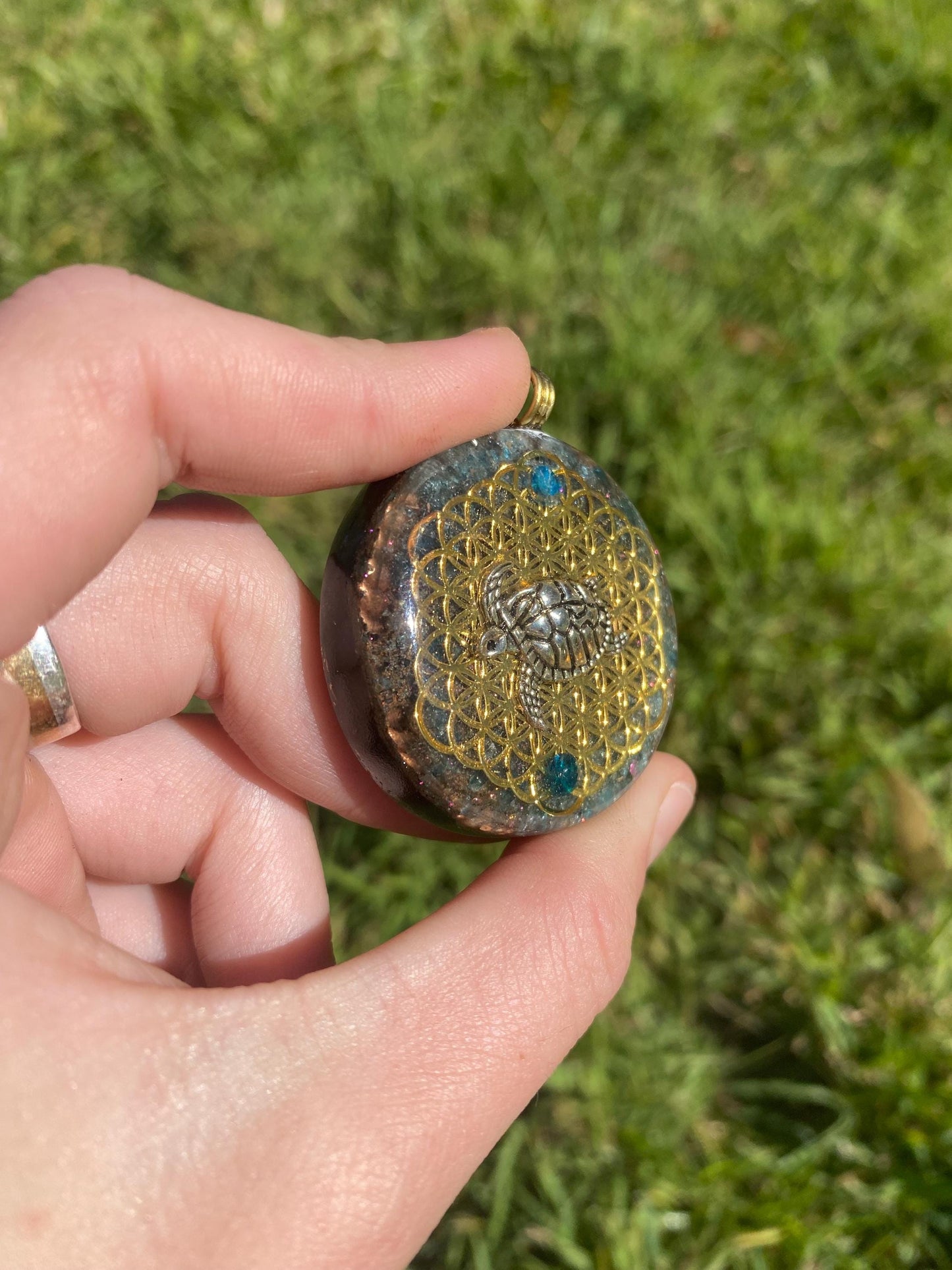 Turtle/Flower Of Life. Orgone Pendant Necklace. Made w Blue Apatite, & Elite Shungite. Tensor Ring. Powerful. EMF Protection.
