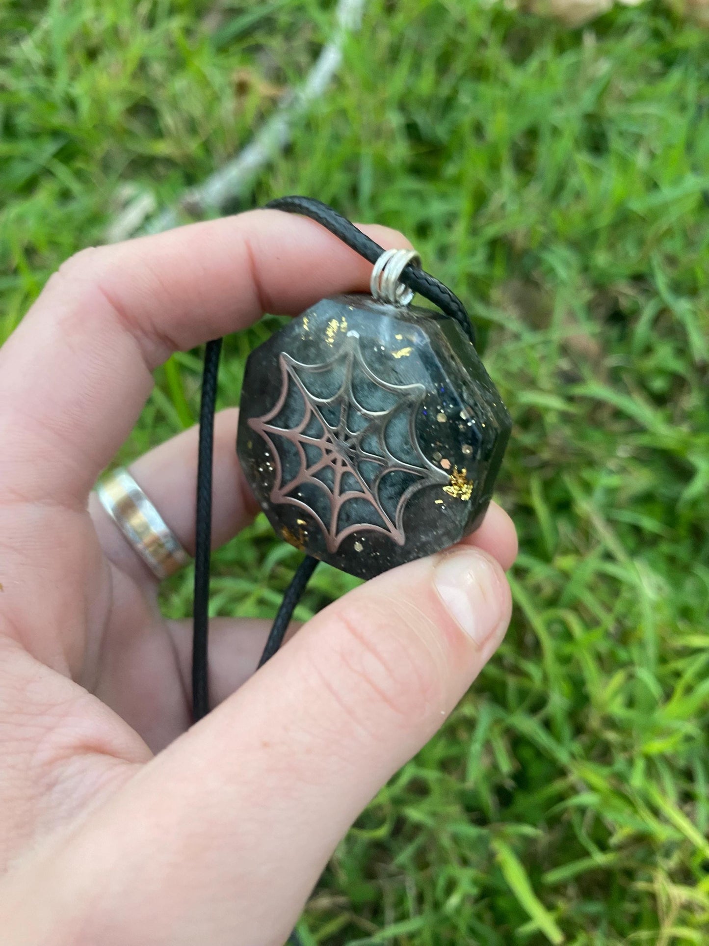 Spider Web, Orgone Pendant Necklace. Made w Elite Shungite, Gold Sheen Obsidian, 24ct Gold and Tensor Ring. Powerful. EMF Protection.