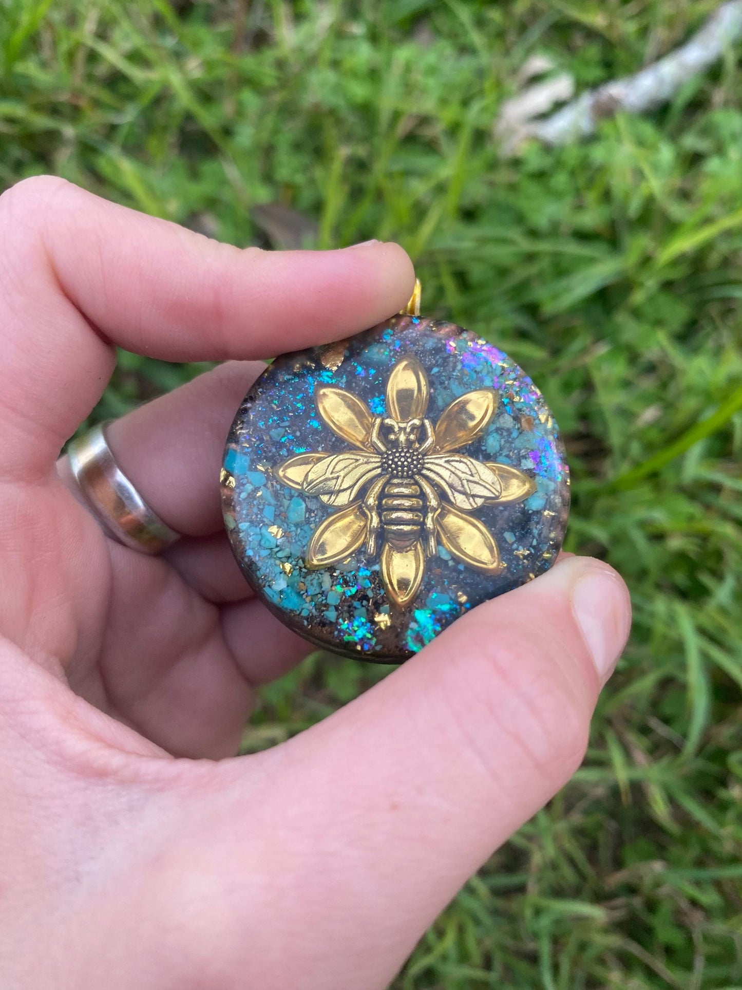 Bumble Bee. Pendant Necklace. Made w Elite Shungite, 24ct Gold and Turquoise. Tensor Ring. Powerful. EMF Protection. 5G Protection.