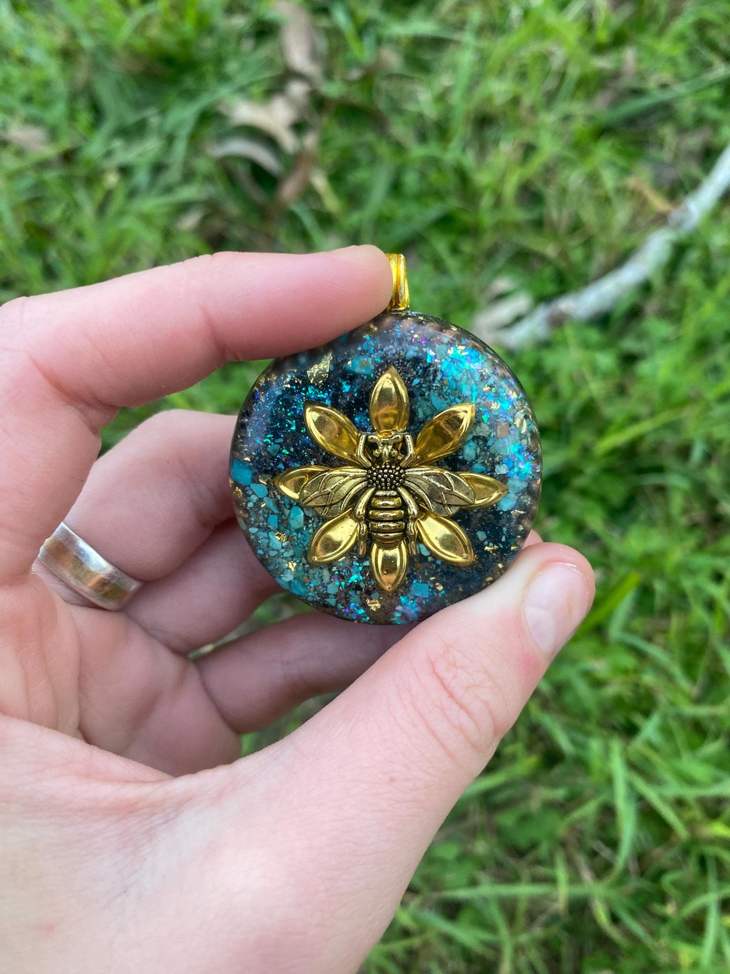 Bumble Bee. Pendant Necklace. Made w Elite Shungite, 24ct Gold and Turquoise. Tensor Ring. Powerful. EMF Protection. 5G Protection.