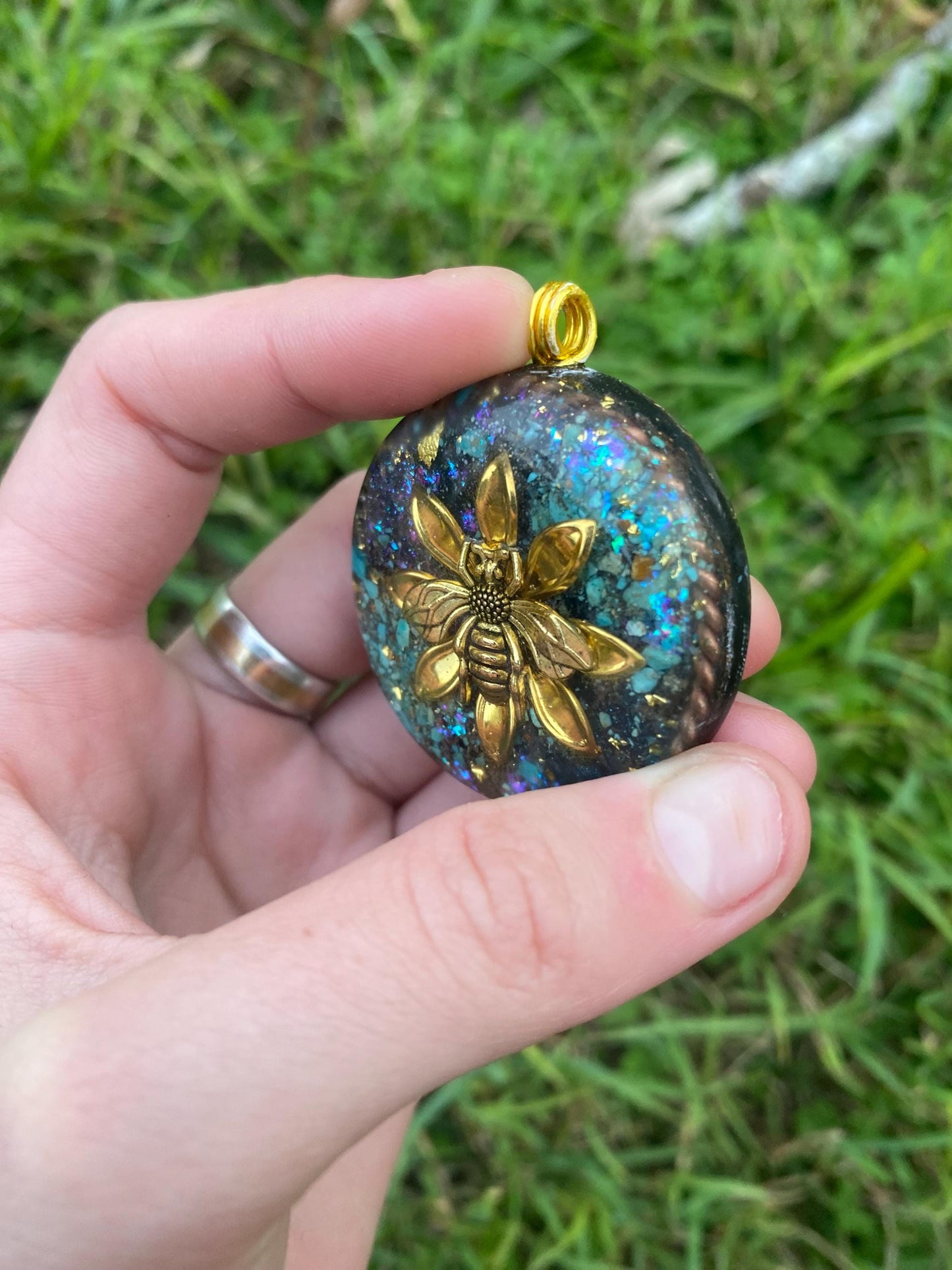 Bumble Bee. Pendant Necklace. Made w Elite Shungite, 24ct Gold and Turquoise. Tensor Ring. Powerful. EMF Protection. 5G Protection.