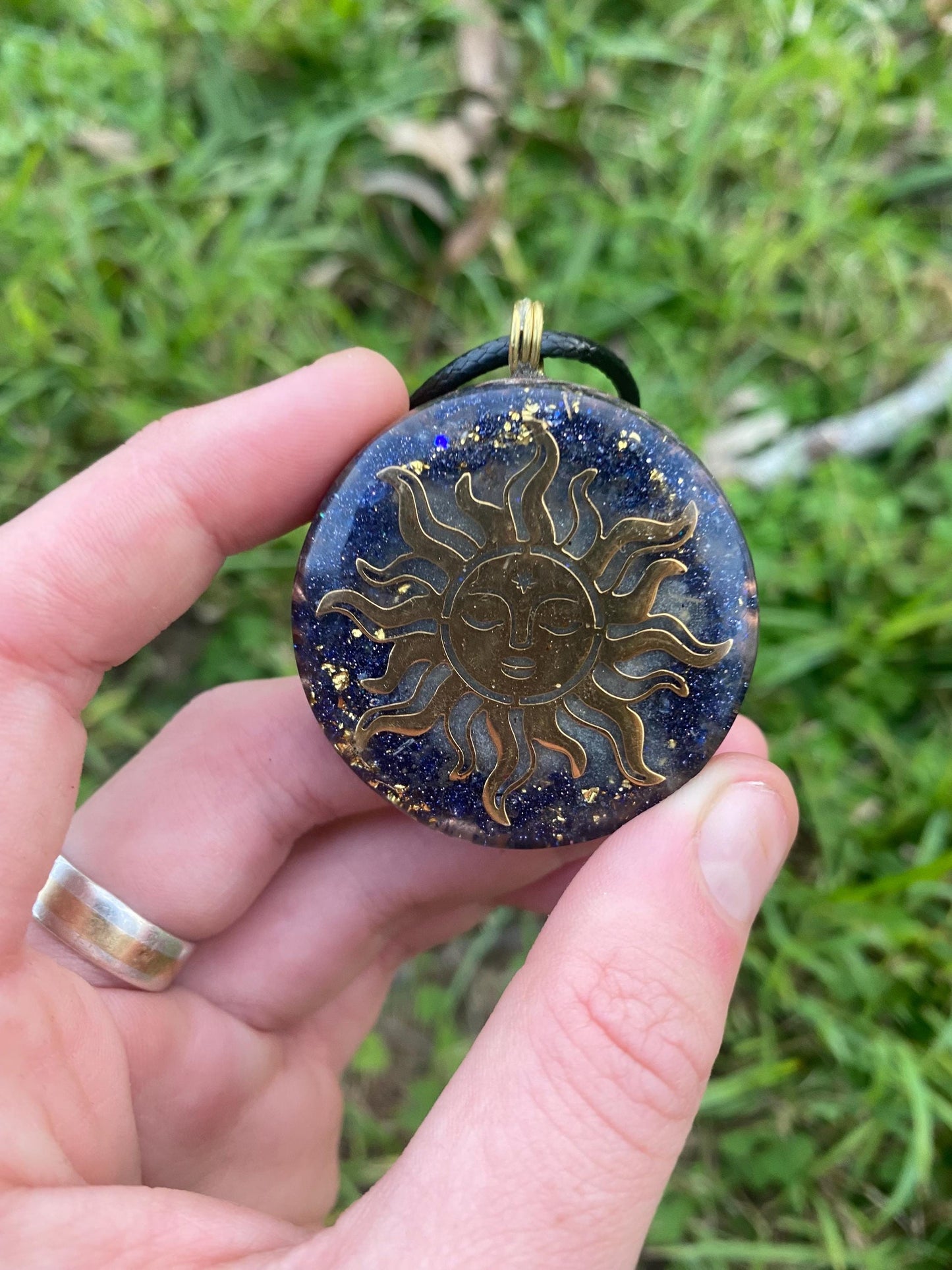 Sun Goddess. Orgone Pendant Necklace. Made w Elite Shungite, Selenite & Blue Goldstone. Powerful. EMF Protection. 5G Protection. TENSOR RING