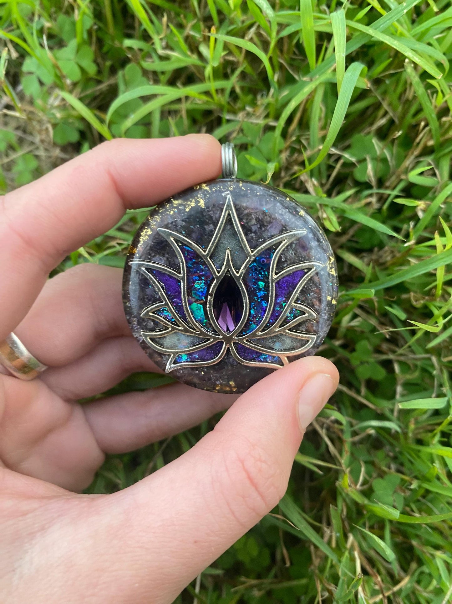 Lotus. Pendant Necklace. Made w Elite Shungite and Amethyst. Tensor Ring. Powerful. EMF Protection. 5G Protection.