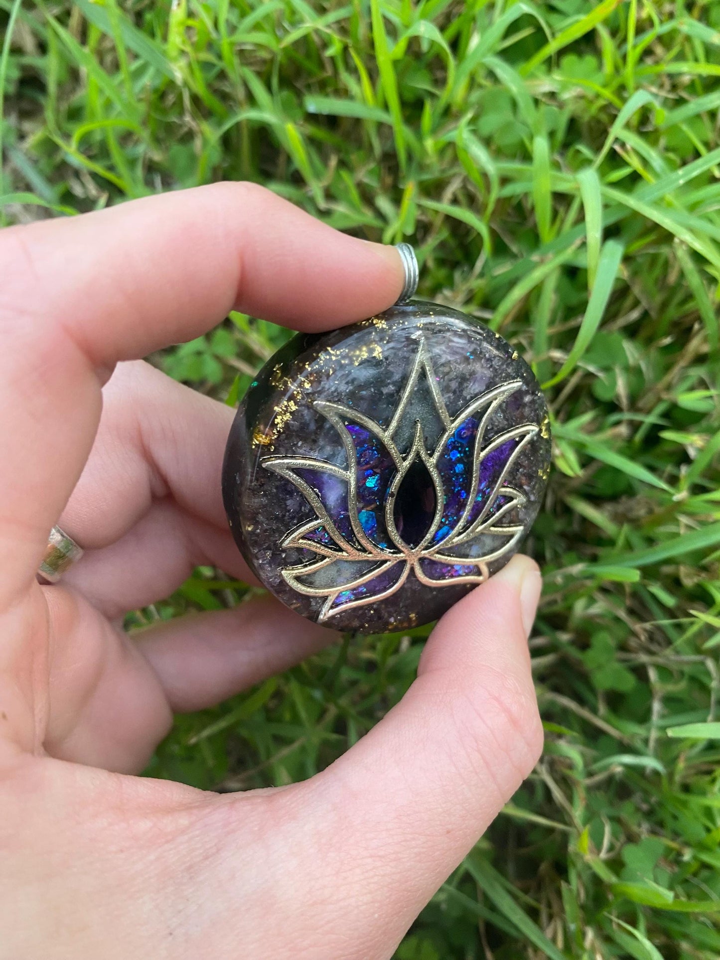 Lotus. Pendant Necklace. Made w Elite Shungite and Amethyst. Tensor Ring. Powerful. EMF Protection. 5G Protection.