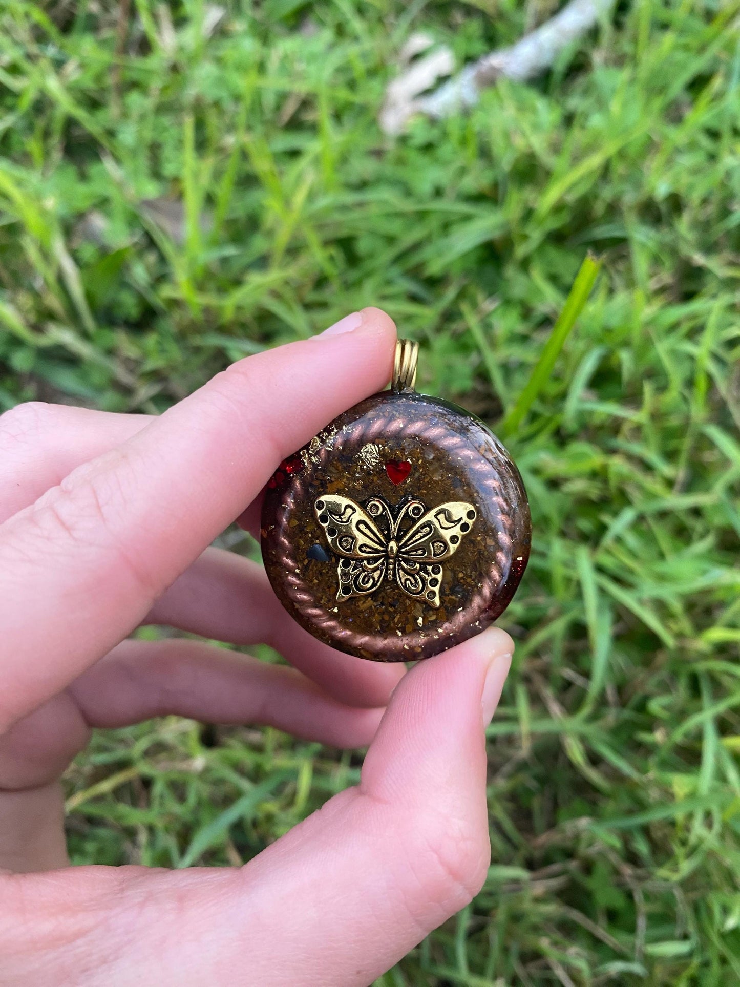 Butterfly. Orgone Pendant Necklace. Made w Elite Shungite, Tigers Eye and 24ct Gold. Powerful. EMF Protection. 5G Protection. TENSOR RING