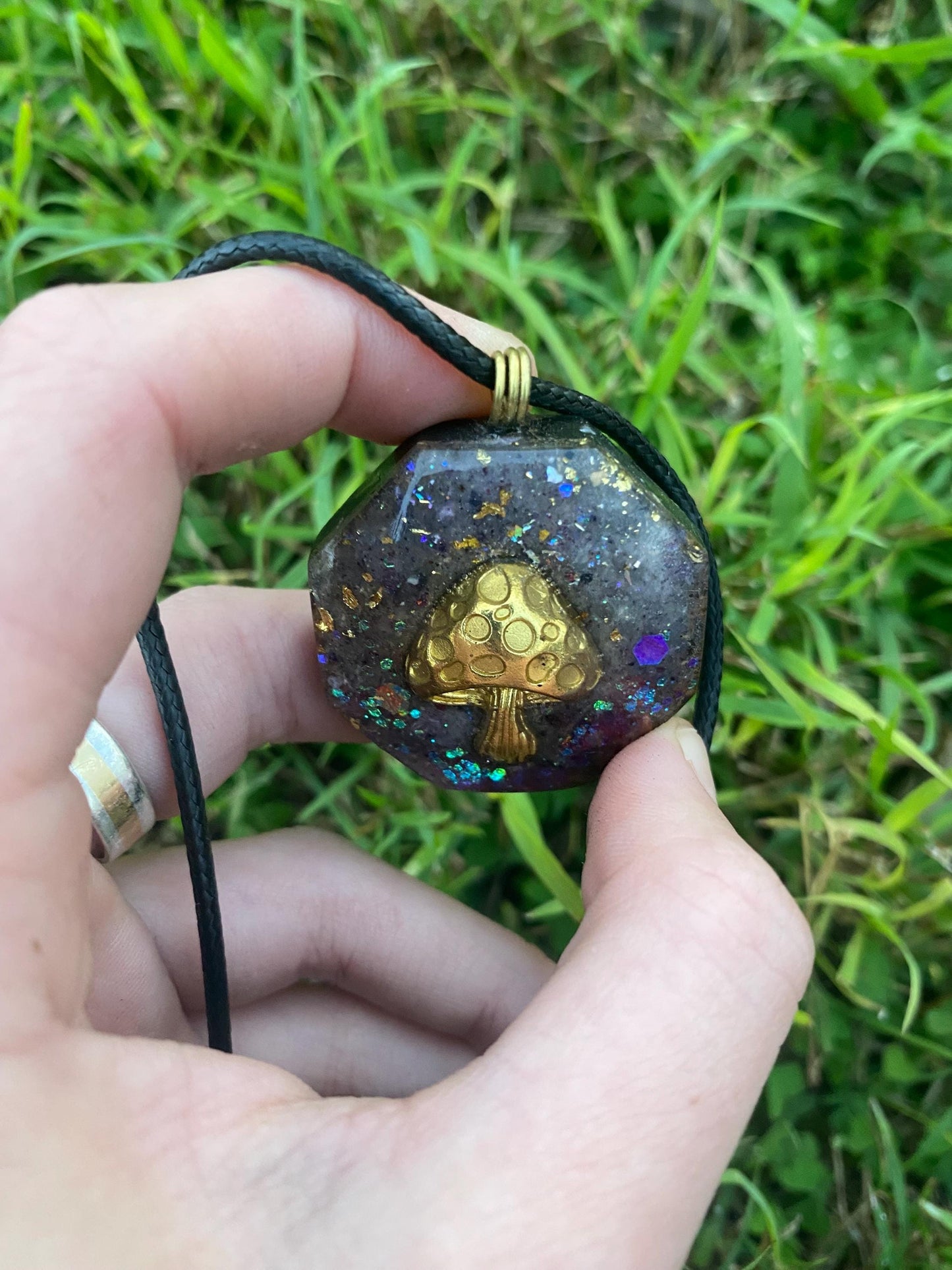 Mushroom. Pendant Necklace. Made w Elite Shungite and Amethyst. Tensor Ring. 24ct Gold. Powerful. EMF Protection. 5G Protection.