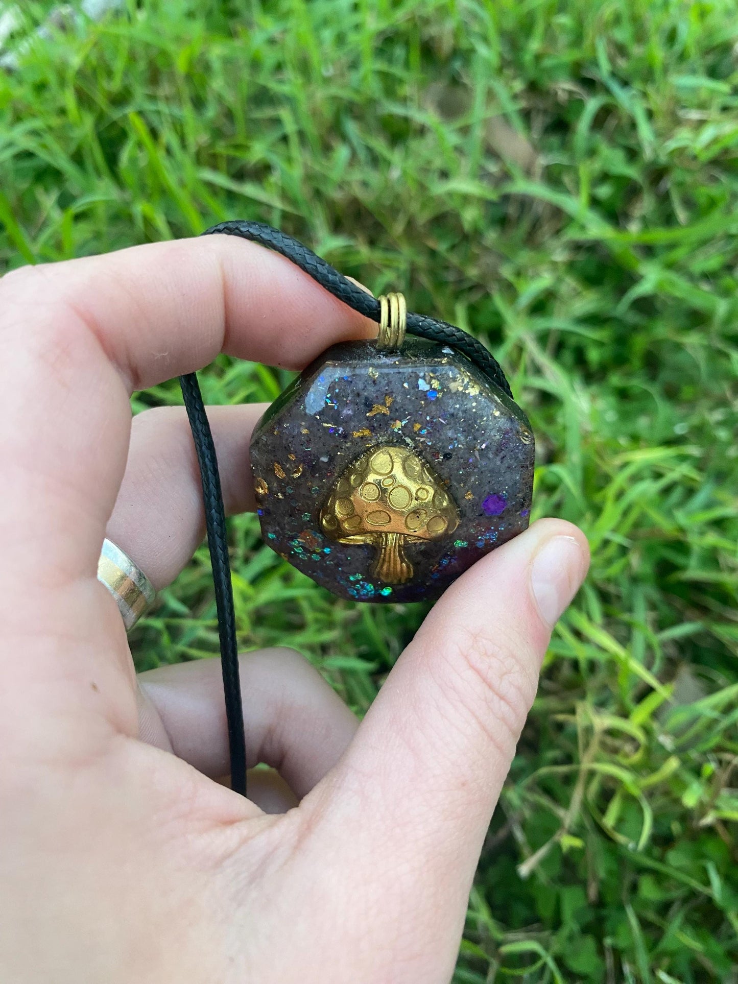 Mushroom. Pendant Necklace. Made w Elite Shungite and Amethyst. Tensor Ring. 24ct Gold. Powerful. EMF Protection. 5G Protection.