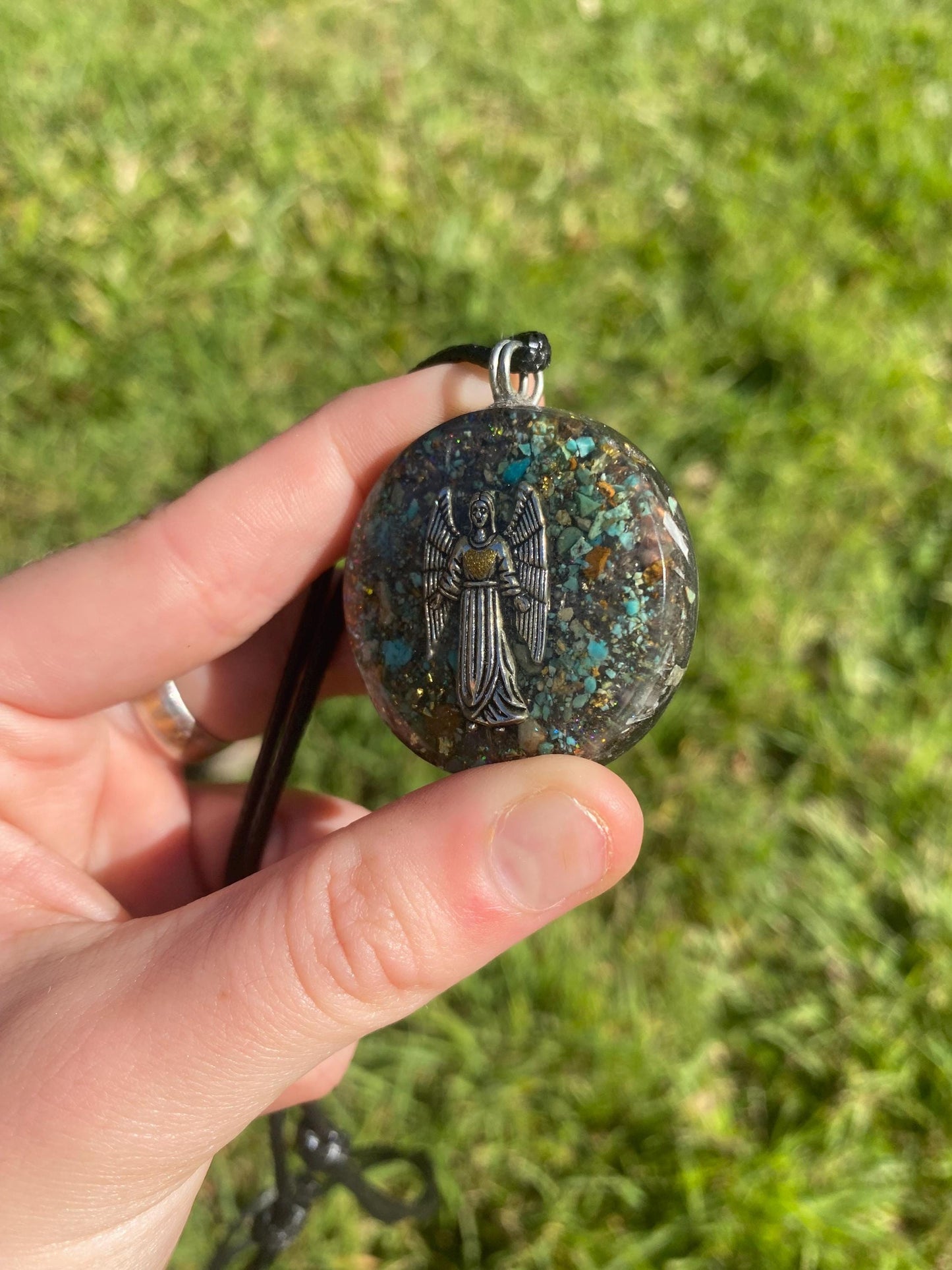 Arch Angel. Pendant Necklace. Made w Elite Shungite, 24ct Gold and Turquoise. Tensor Ring. Powerful. EMF Protection. 5G Protection.