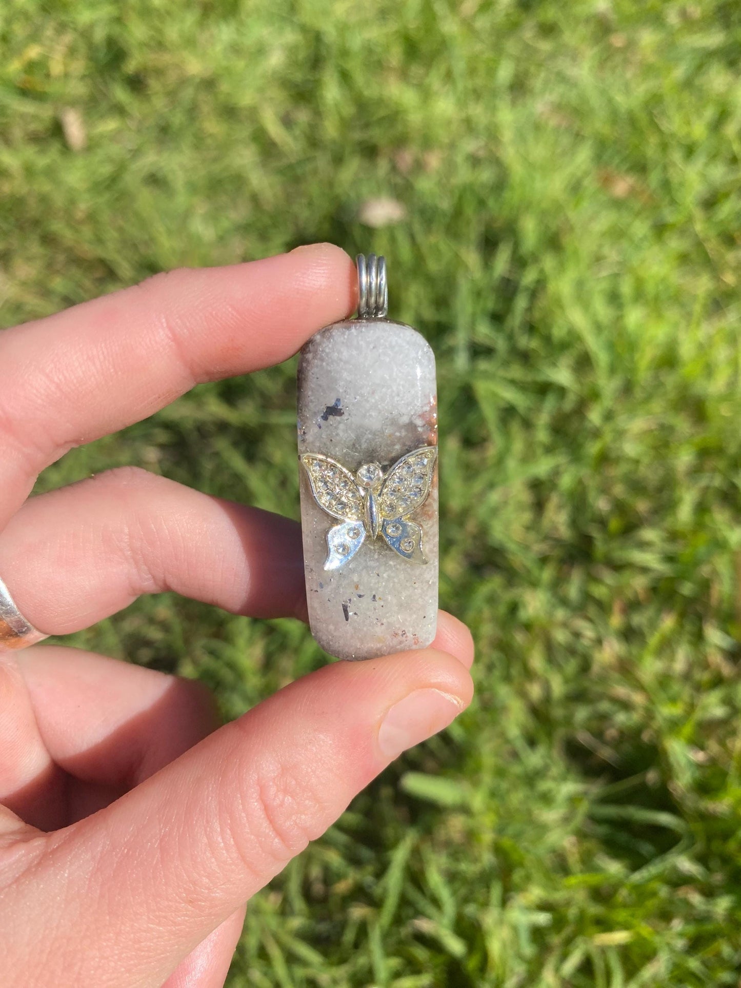 White Butterfly. Orgone Pendant Necklace. Made w white Moonstone, Elite Shungite, 24ct Gold & Tensor Ring. Powerful. 5G Protection.