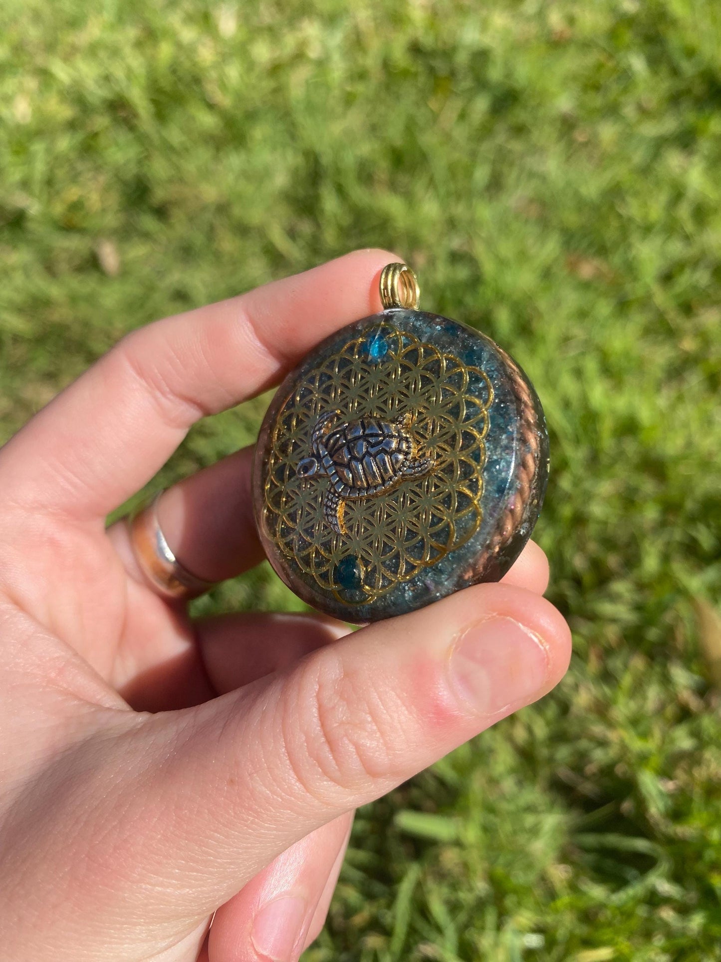 Turtle/Flower Of Life. Orgone Pendant Necklace. Made w Blue Apatite, & Elite Shungite. Tensor Ring. Powerful. EMF Protection.
