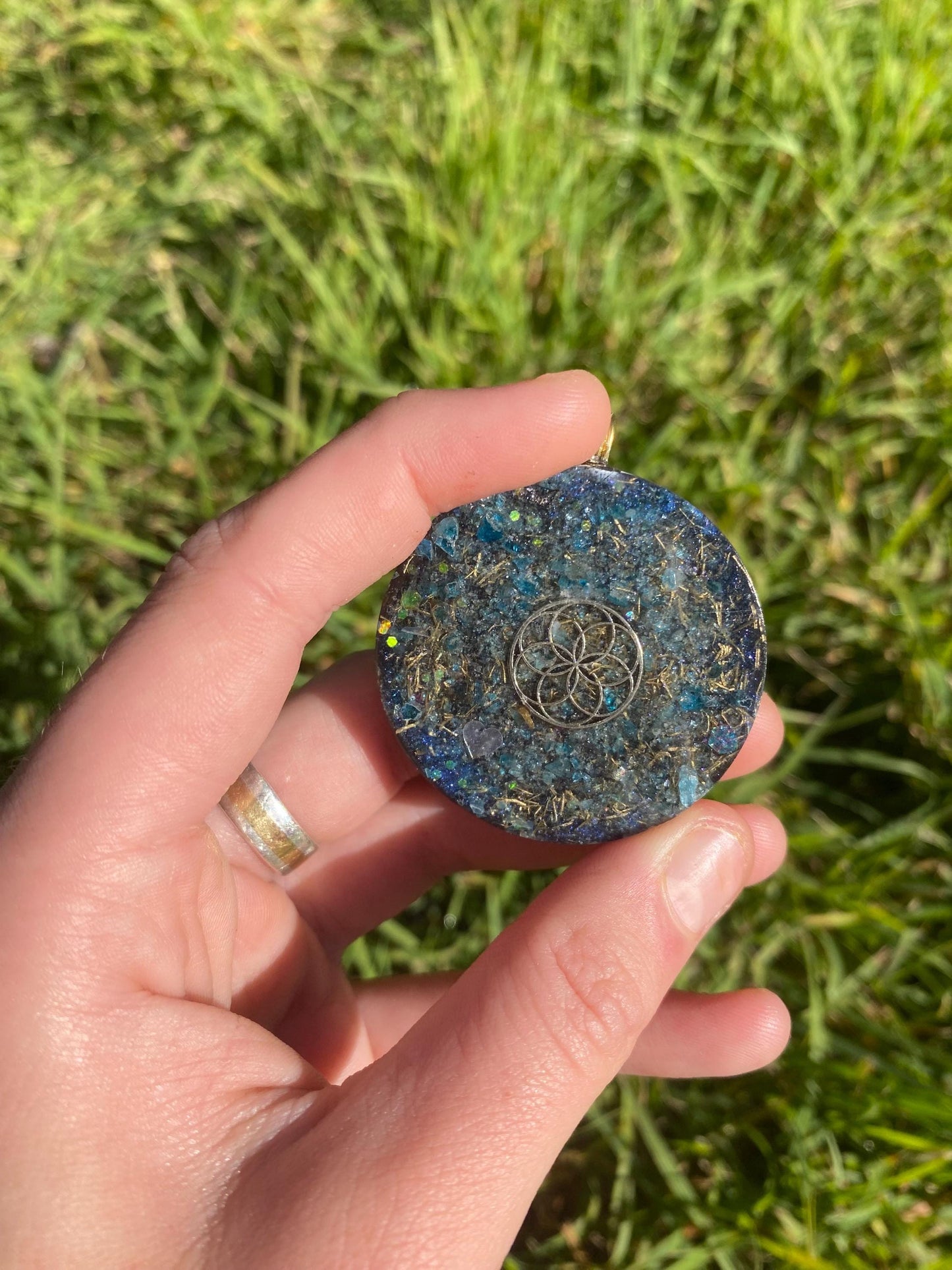 Turtle/Flower Of Life. Orgone Pendant Necklace. Made w Blue Apatite, & Elite Shungite. Tensor Ring. Powerful. EMF Protection.