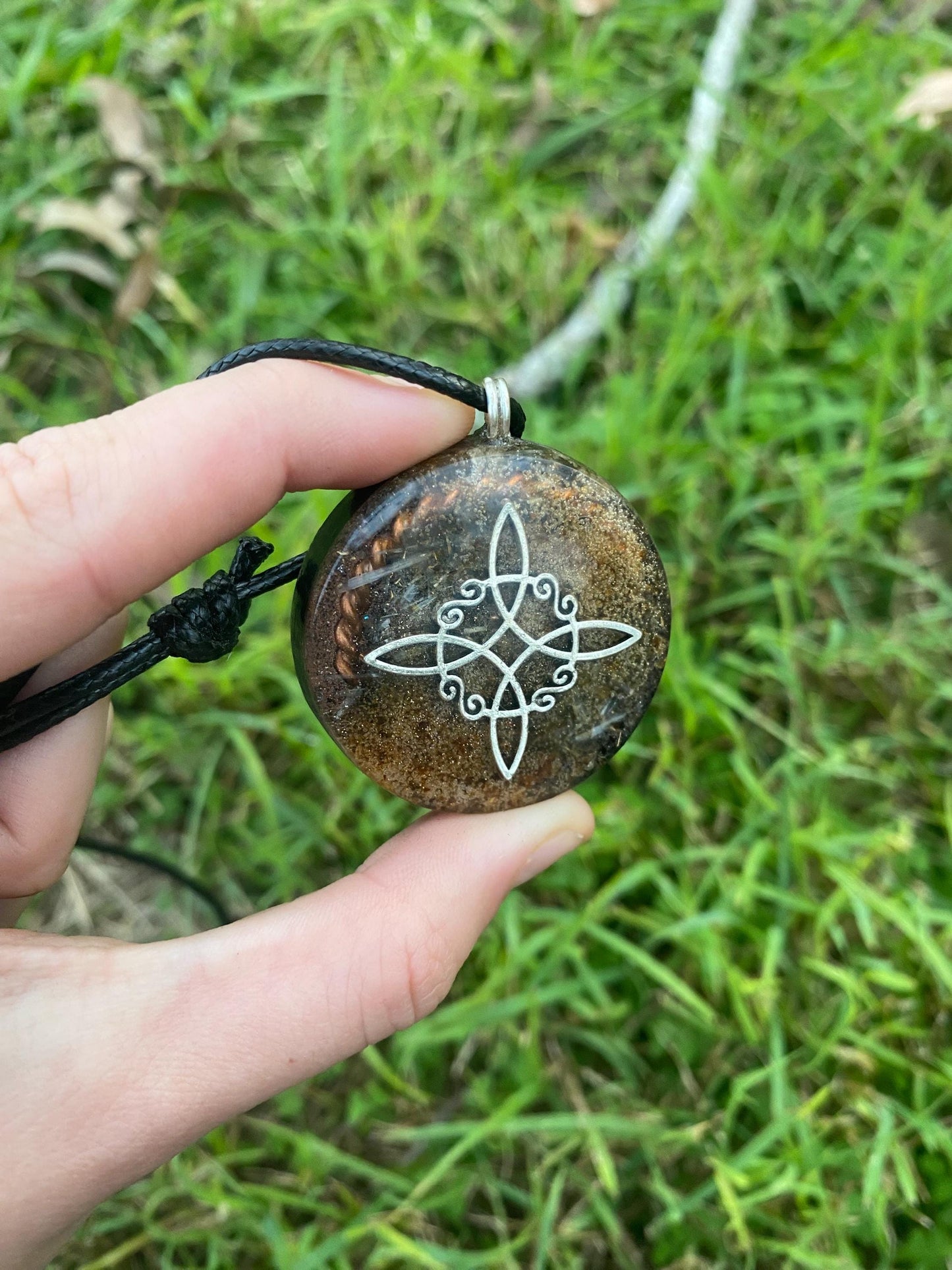 Celtic Knot. Orgone Pendant Necklace. Amber. EMF Protection. 5G Protection. Tensor Ring. Elite Shungite.