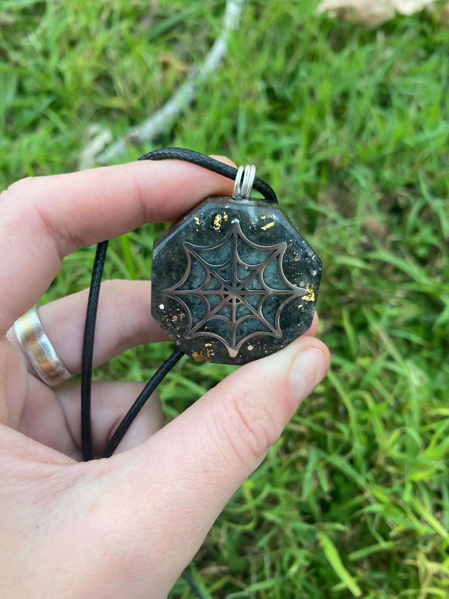 Spider Web, Orgone Pendant Necklace. Made w Elite Shungite, Gold Sheen Obsidian, 24ct Gold and Tensor Ring. Powerful. EMF Protection.