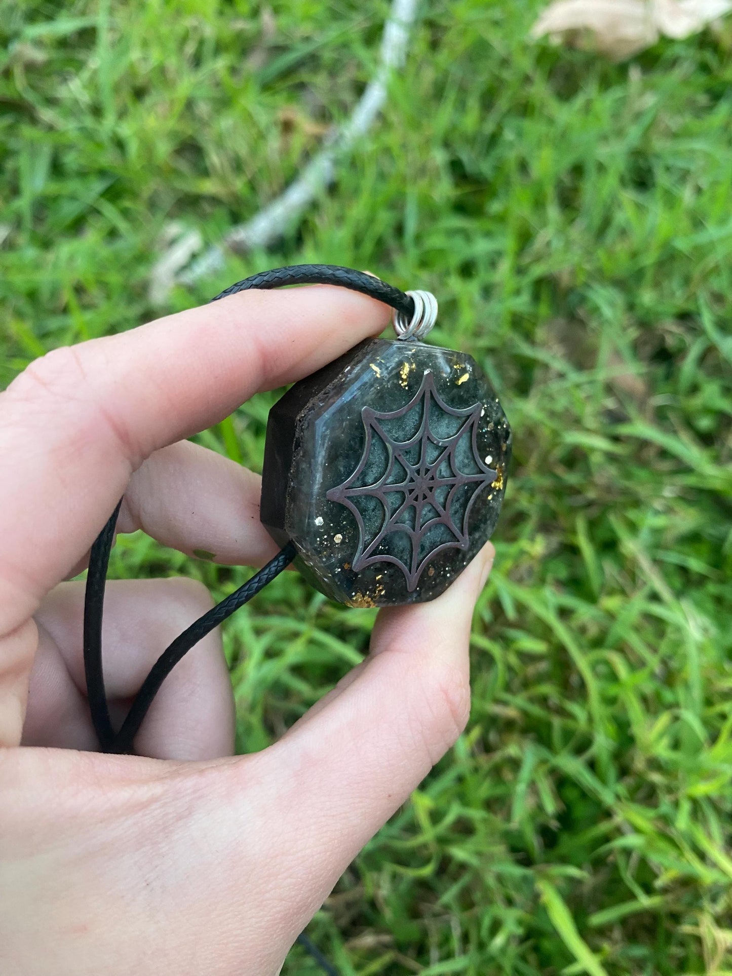 Spider Web, Orgone Pendant Necklace. Made w Elite Shungite, Gold Sheen Obsidian, 24ct Gold and Tensor Ring. Powerful. EMF Protection.