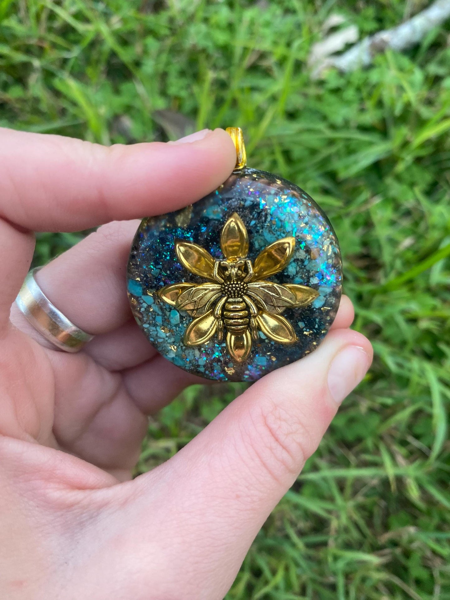 Bumble Bee. Pendant Necklace. Made w Elite Shungite, 24ct Gold and Turquoise. Tensor Ring. Powerful. EMF Protection. 5G Protection.